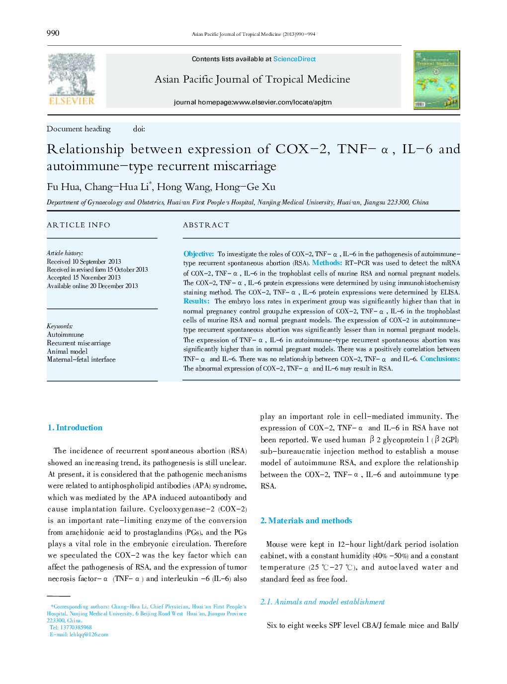 Relationship between expression of COX-2, TNF-α, IL-6 and autoimmune-type recurrent miscarriage 