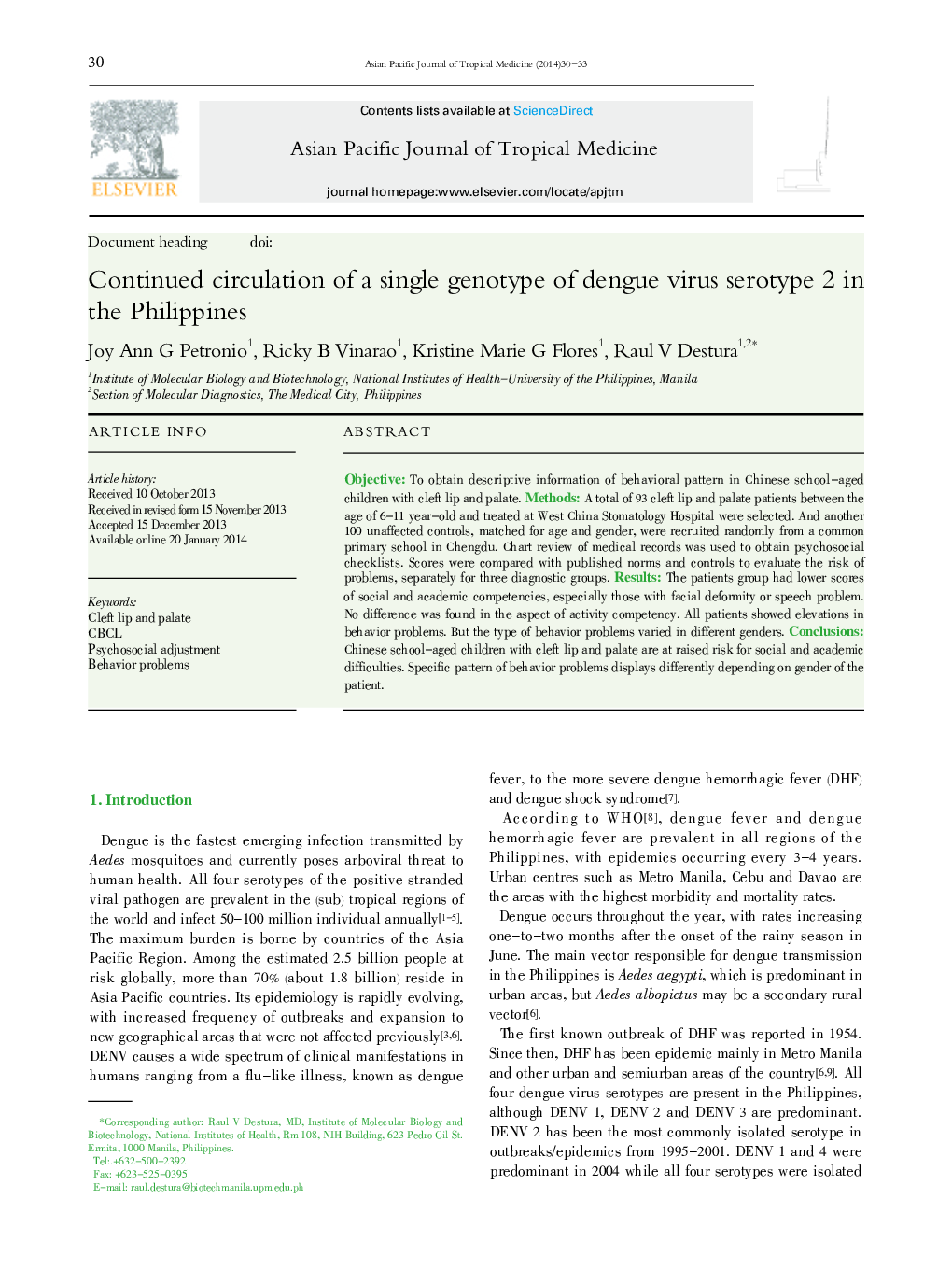 Continued circulation of a single genotype of dengue virus serotype 2 in the Philippines 