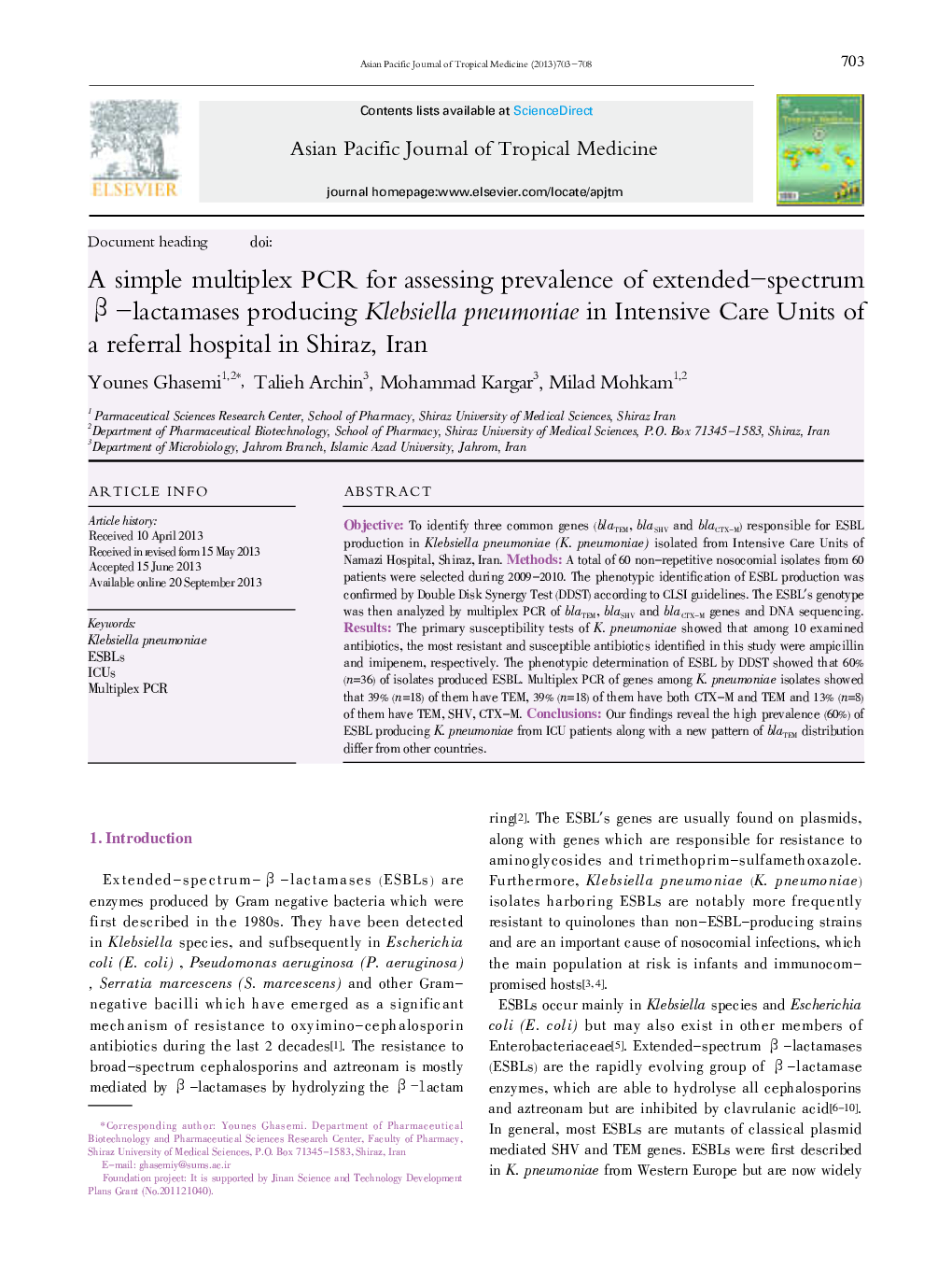 A simple multiplex PCR for assessing prevalence of extended-spectrum β-lactamases producing Klebsiella pneumoniae in Intensive Care Units of a referral hospital in Shiraz, Iran 