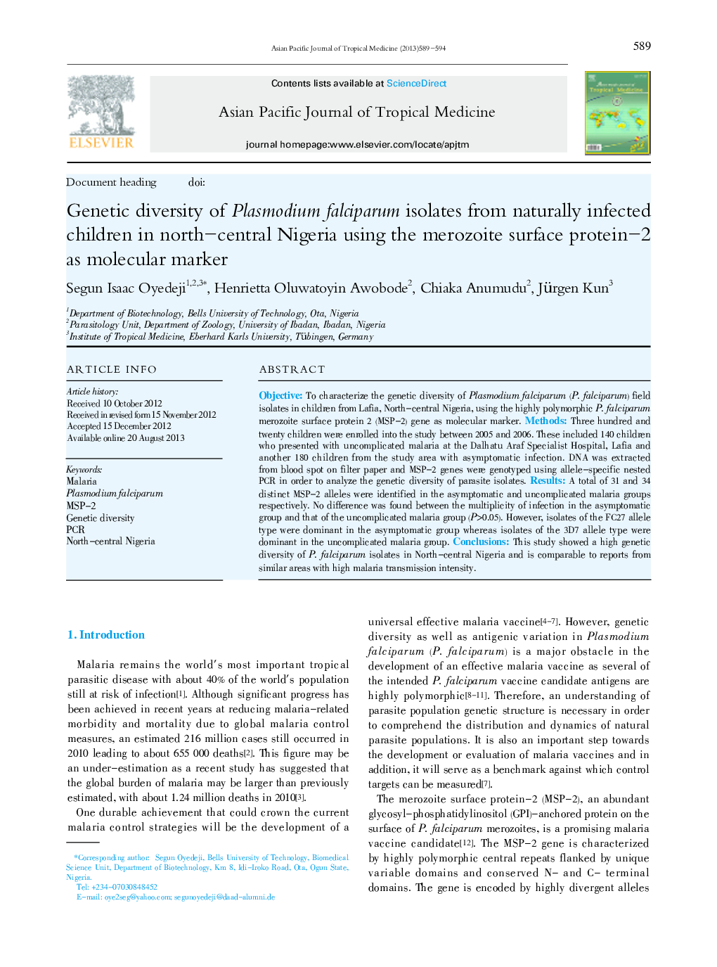 Genetic diversity of Plasmodium falciparum isolates from naturally infected children in north-central Nigeria using the merozoite surface protein-2 as molecular marker 