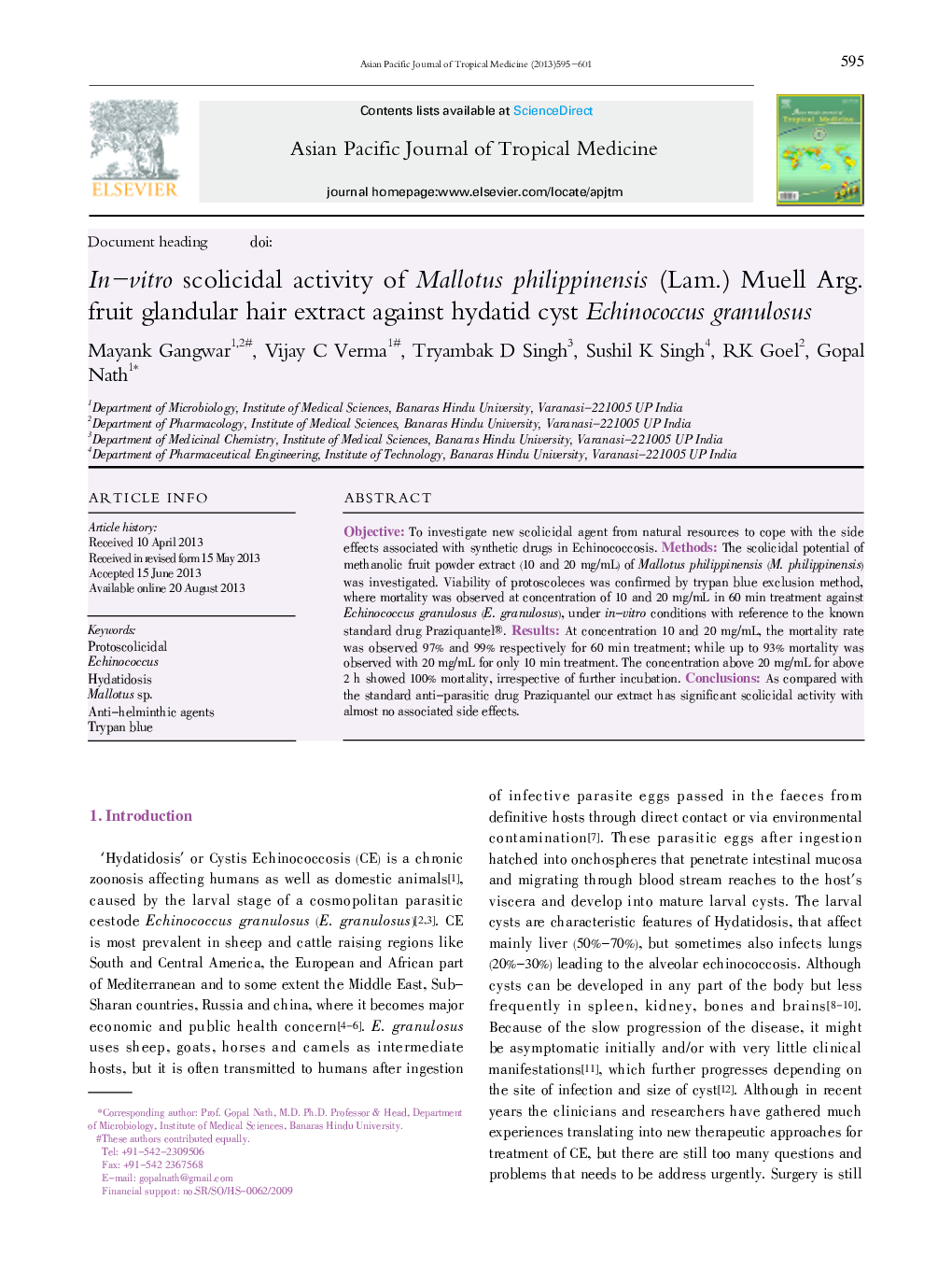 In-vitro scolicidal activity of Mallotus philippinensis (Lam.) Muell Arg. fruit glandular hair extract against hydatid cyst Echinococcus granulosus 