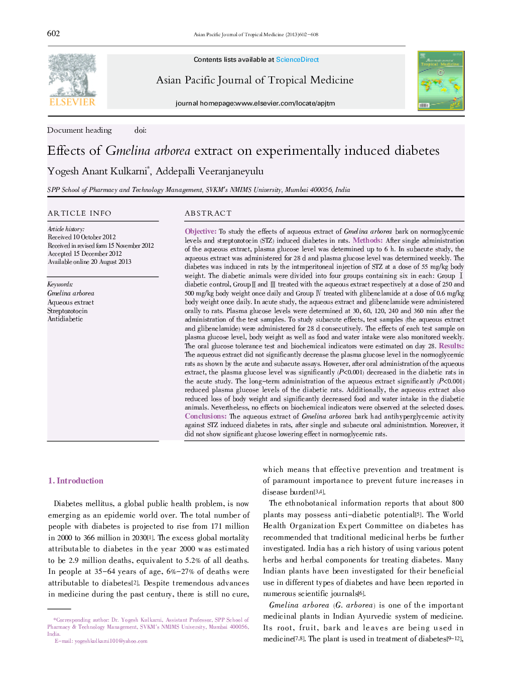 Effects of Gmelina arborea extract on experimentally induced diabetes 