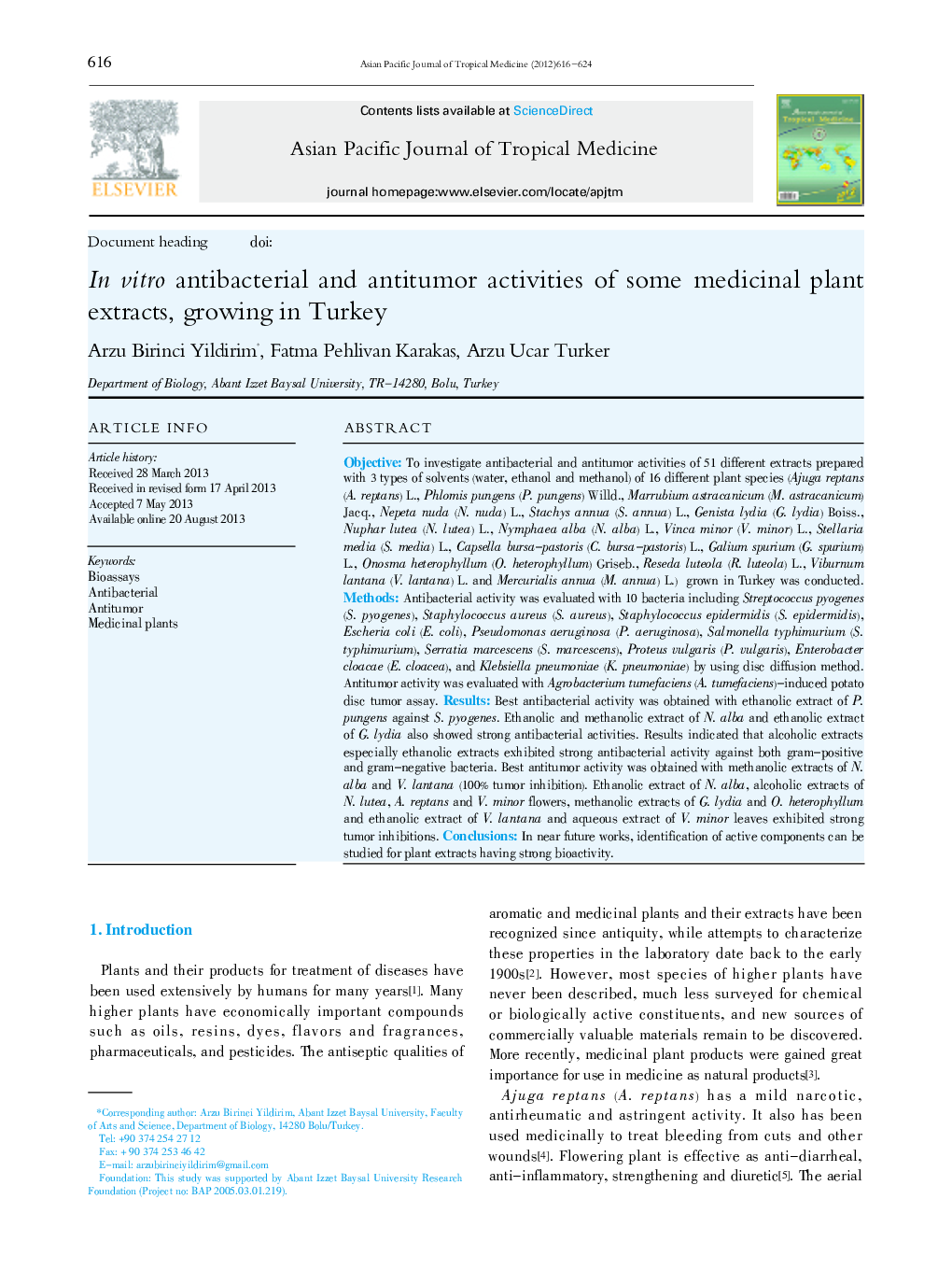 In vitro antibacterial and antitumor activities of some medicinal plant extracts, growing in Turkey 