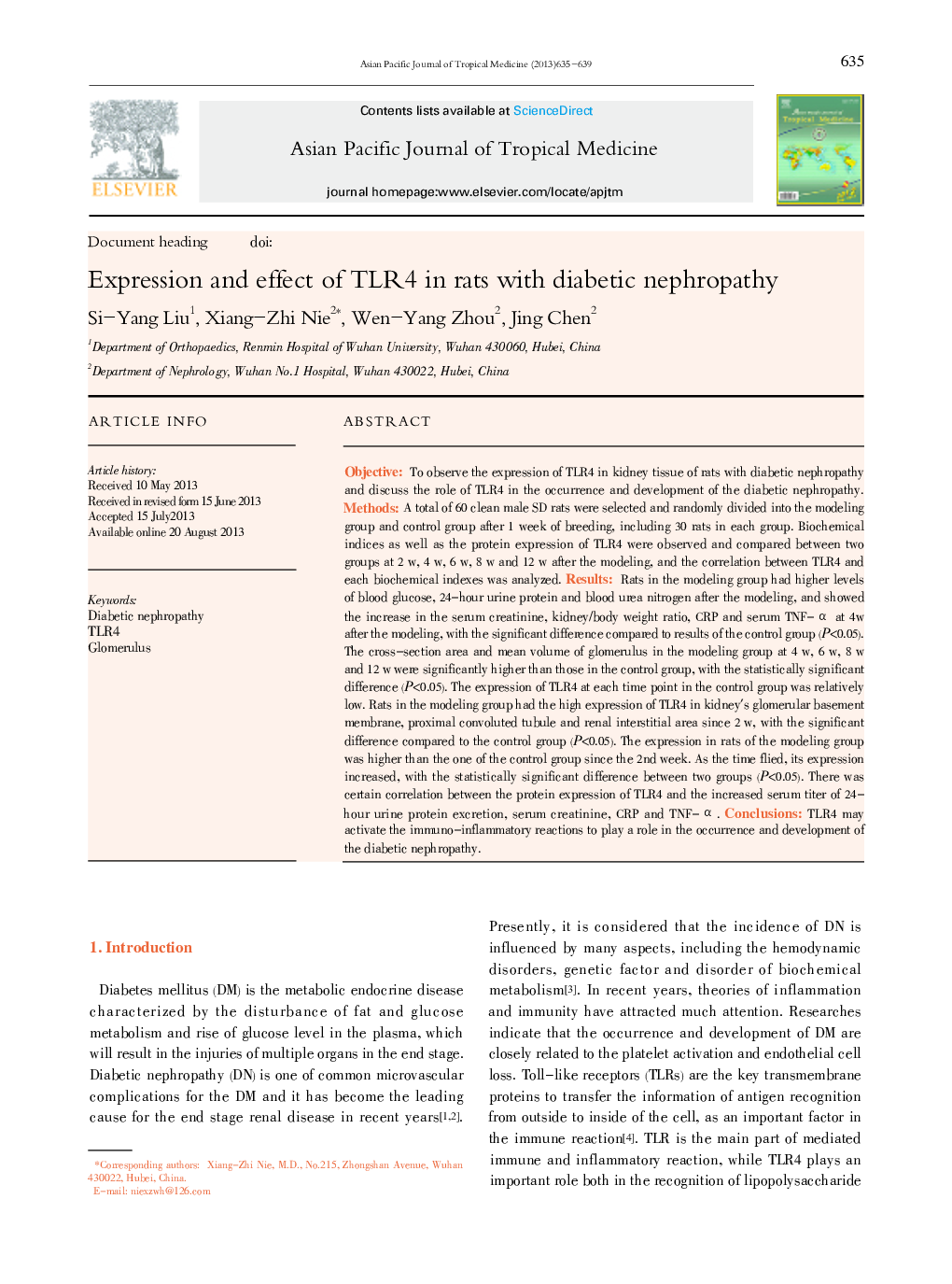 Expression and effect of TLR4 in rats with diabetic nephropathy 