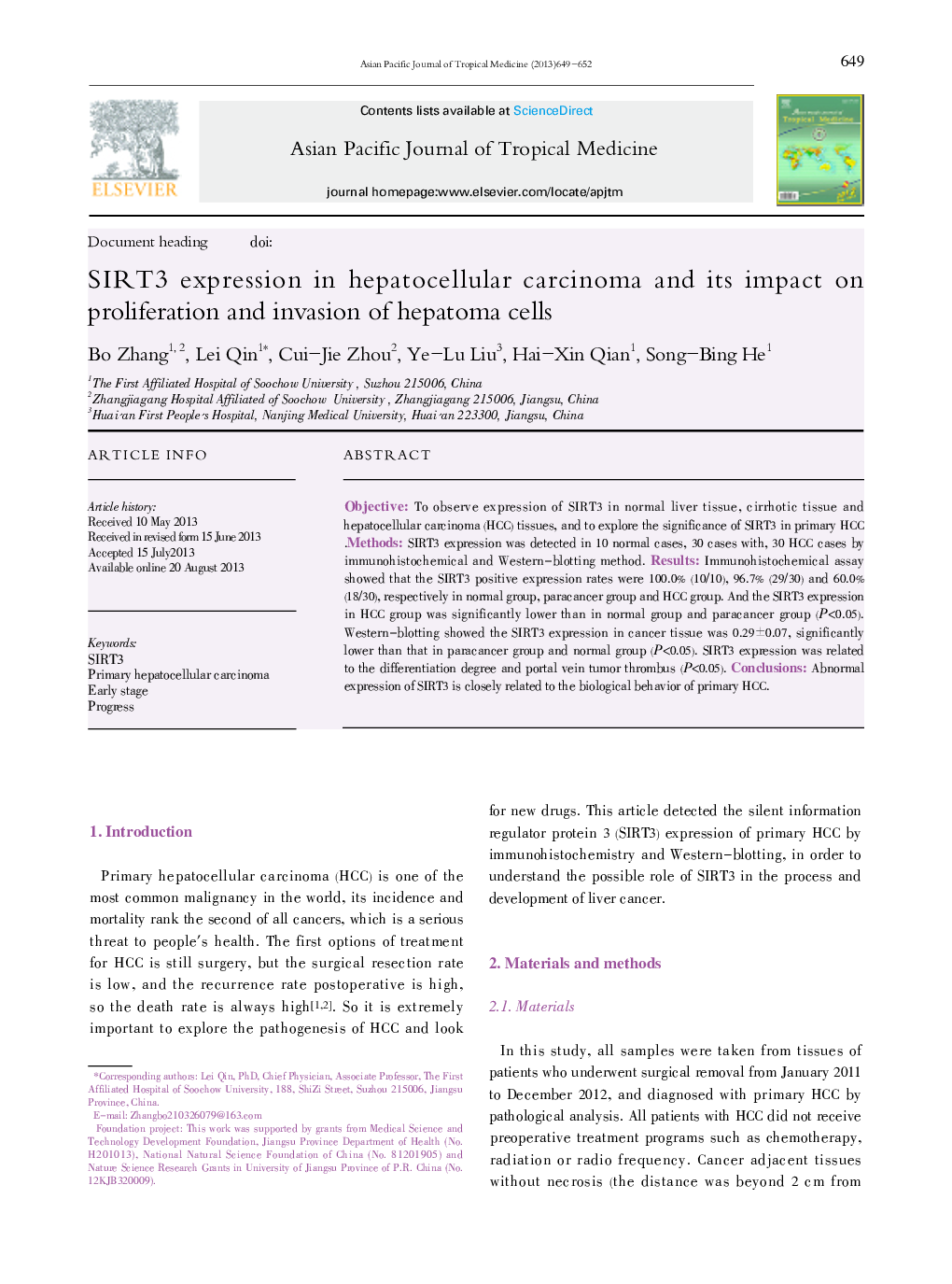 SIRT3 expression in hepatocellular carcinoma and its impact on proliferation and invasion of hepatoma cells 