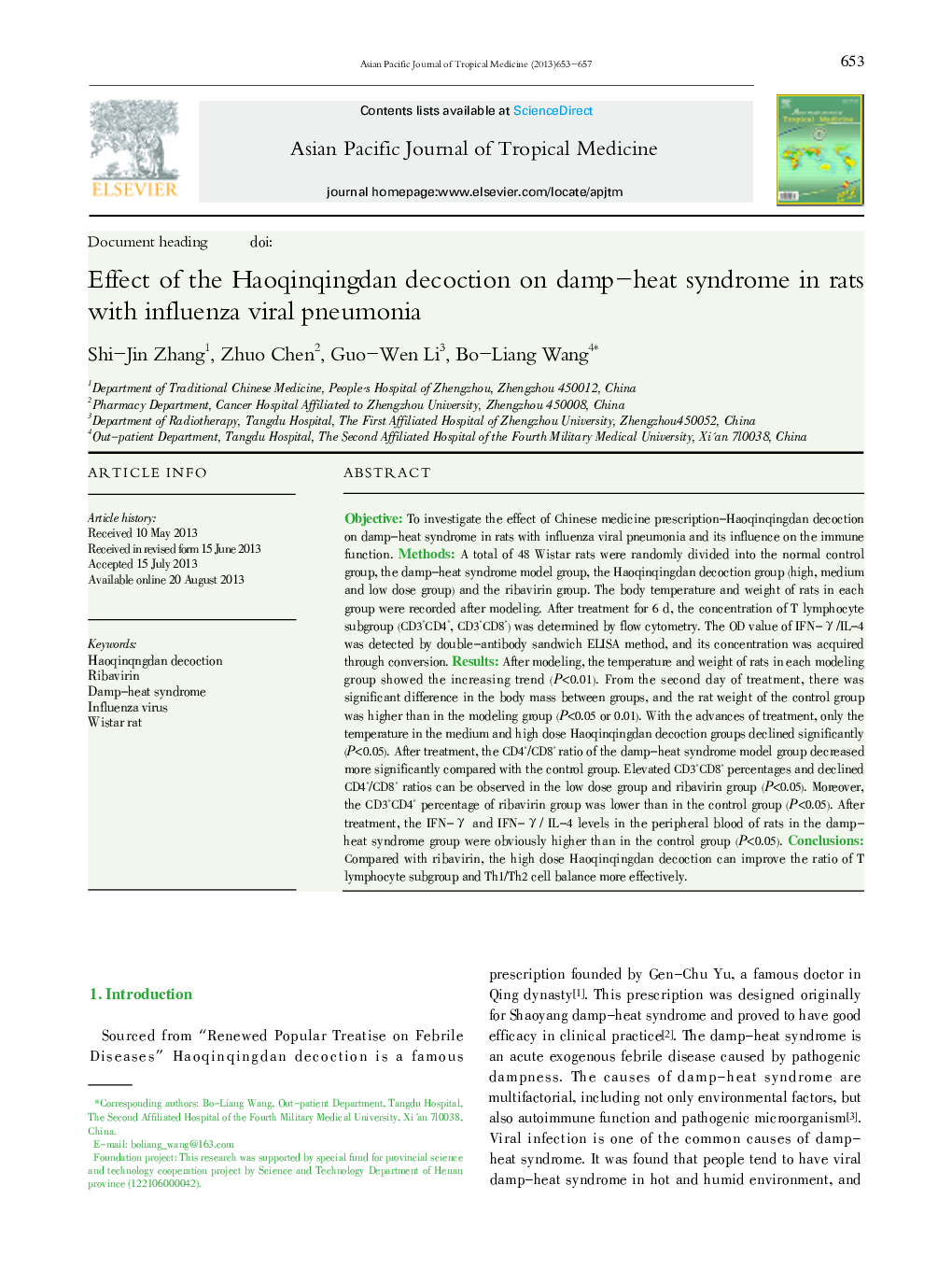 Effect of the Haoqinqingdan decoction on damp-heat syndrome in rats with influenza viral pneumonia 