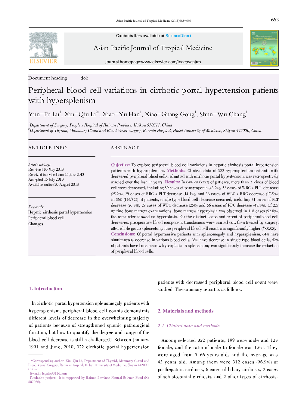 Peripheral blood cell variations in cirrhotic portal hypertension patients with hypersplenism 