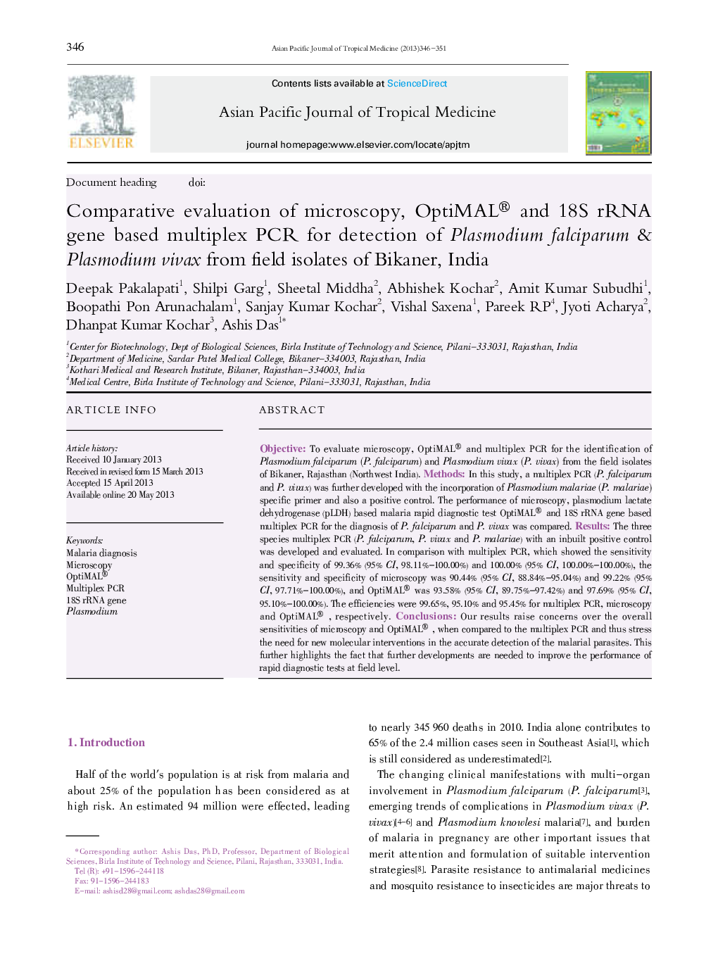 Comparative evaluation of microscopy, OptiMAL® and 18S rRNA gene based multiplex PCR for detection of Plasmodium falciparum & Plasmodium vivax from field isolates of Bikaner, India 
