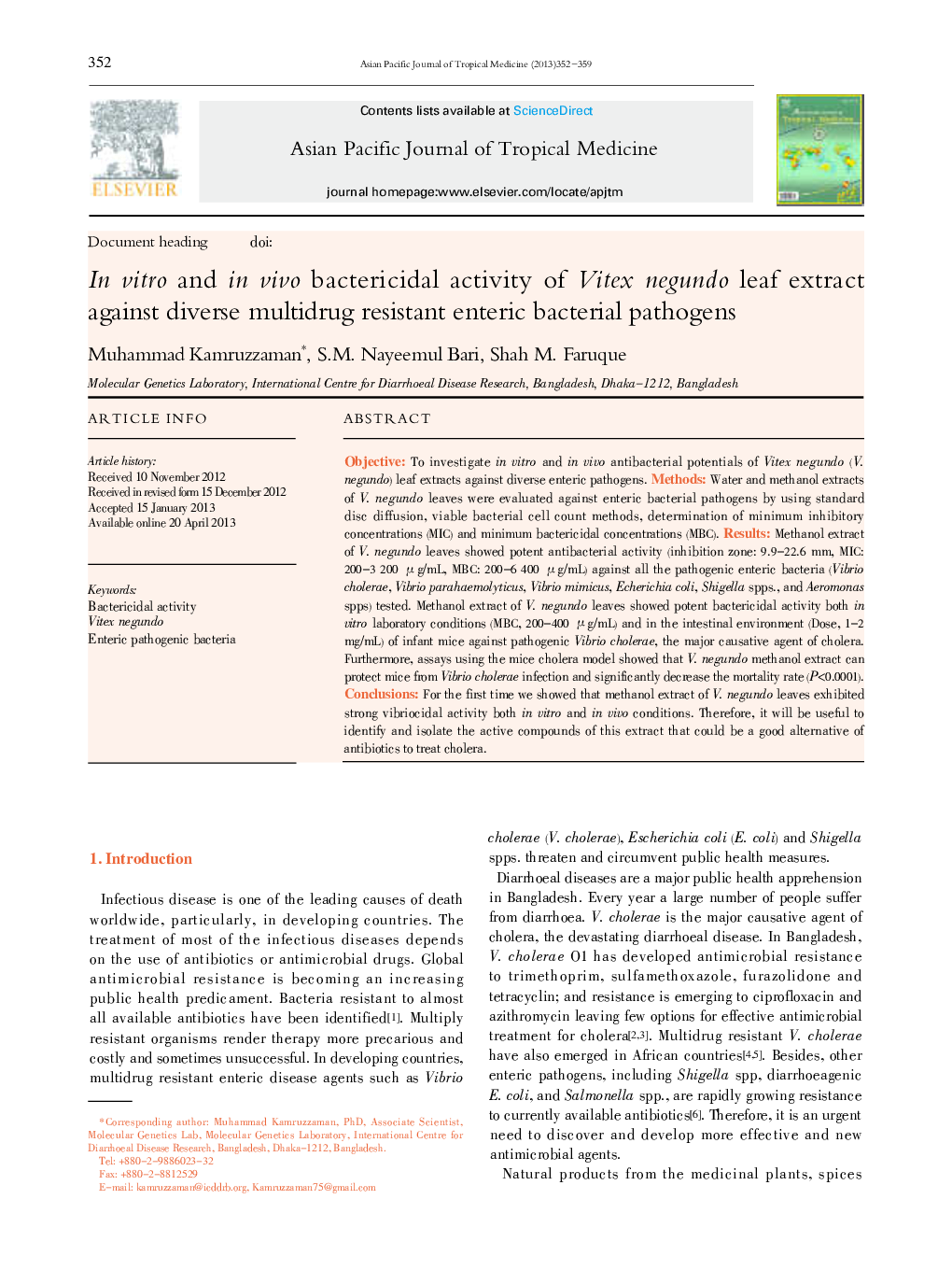 In vitro and in vivo bactericidal activity of Vitex negundo leaf extract against diverse multidrug resistant enteric bacterial pathogens 