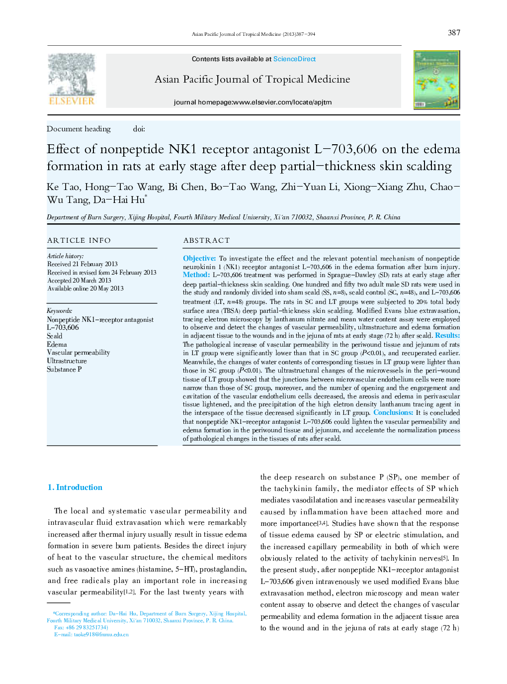 Effect of nonpeptide NK1 receptor antagonist L-703,606 on the edema formation in rats at early stage after deep partial-thickness skin scalding 