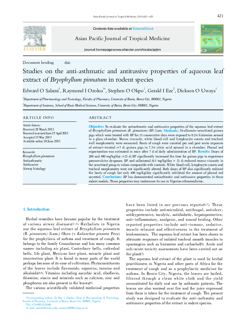 Studies on the anti-asthmatic and antitussive properties of aqueous leaf extract of Bryophyllum pinnatum in rodent species 