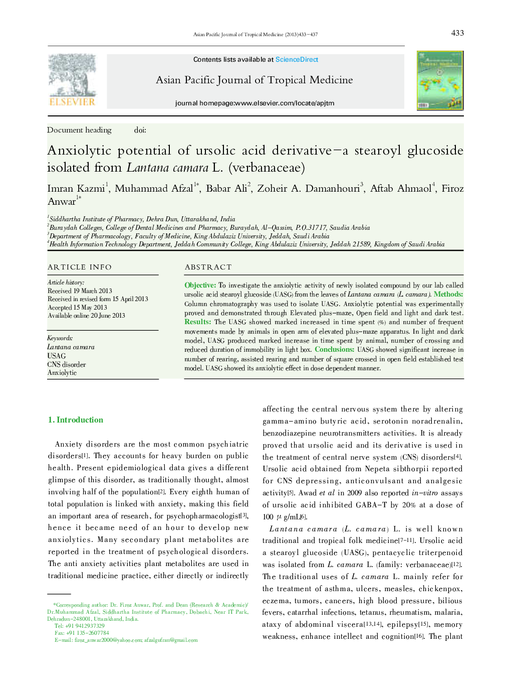 Anxiolytic potential of ursolic acid derivative-a stearoyl glucoside isolated from Lantana camara L. (verbanaceae) 