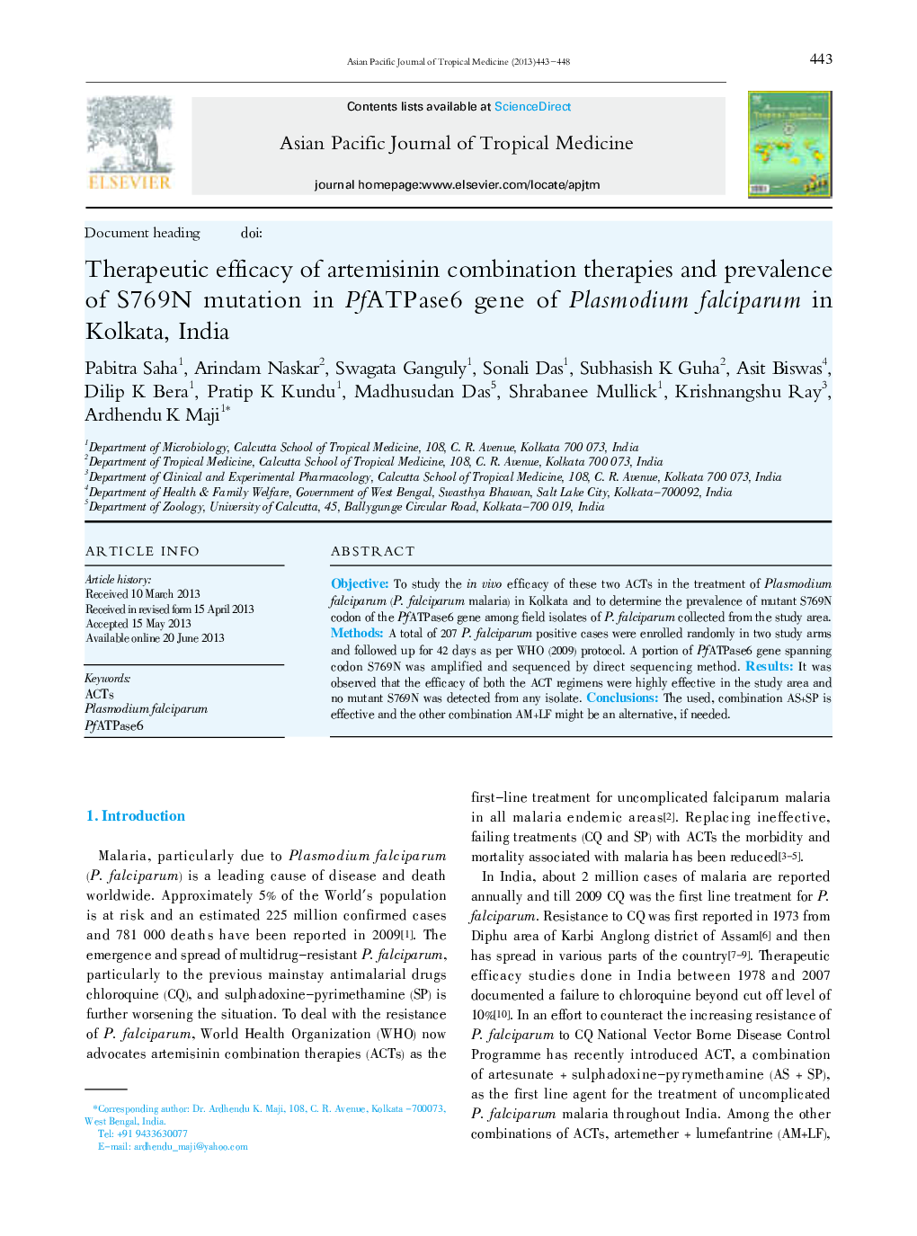 Therapeutic efficacy of artemisinin combination therapies and prevalence of S769N mutation in PfATPase6 gene of Plasmodium falciparum in Kolkata, India 