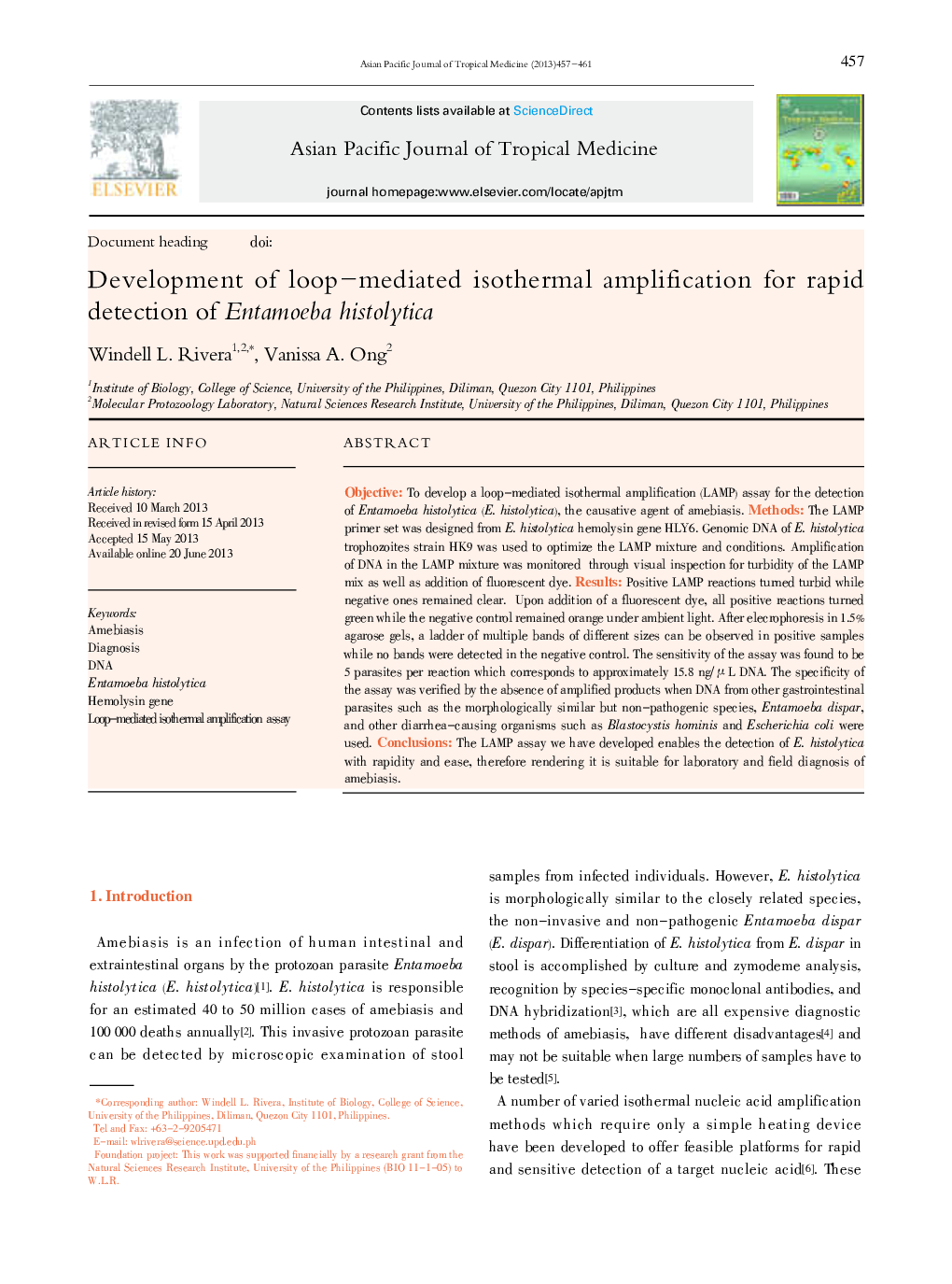 Development of loop-mediated isothermal amplification for rapid detection of Entamoeba histolytica 