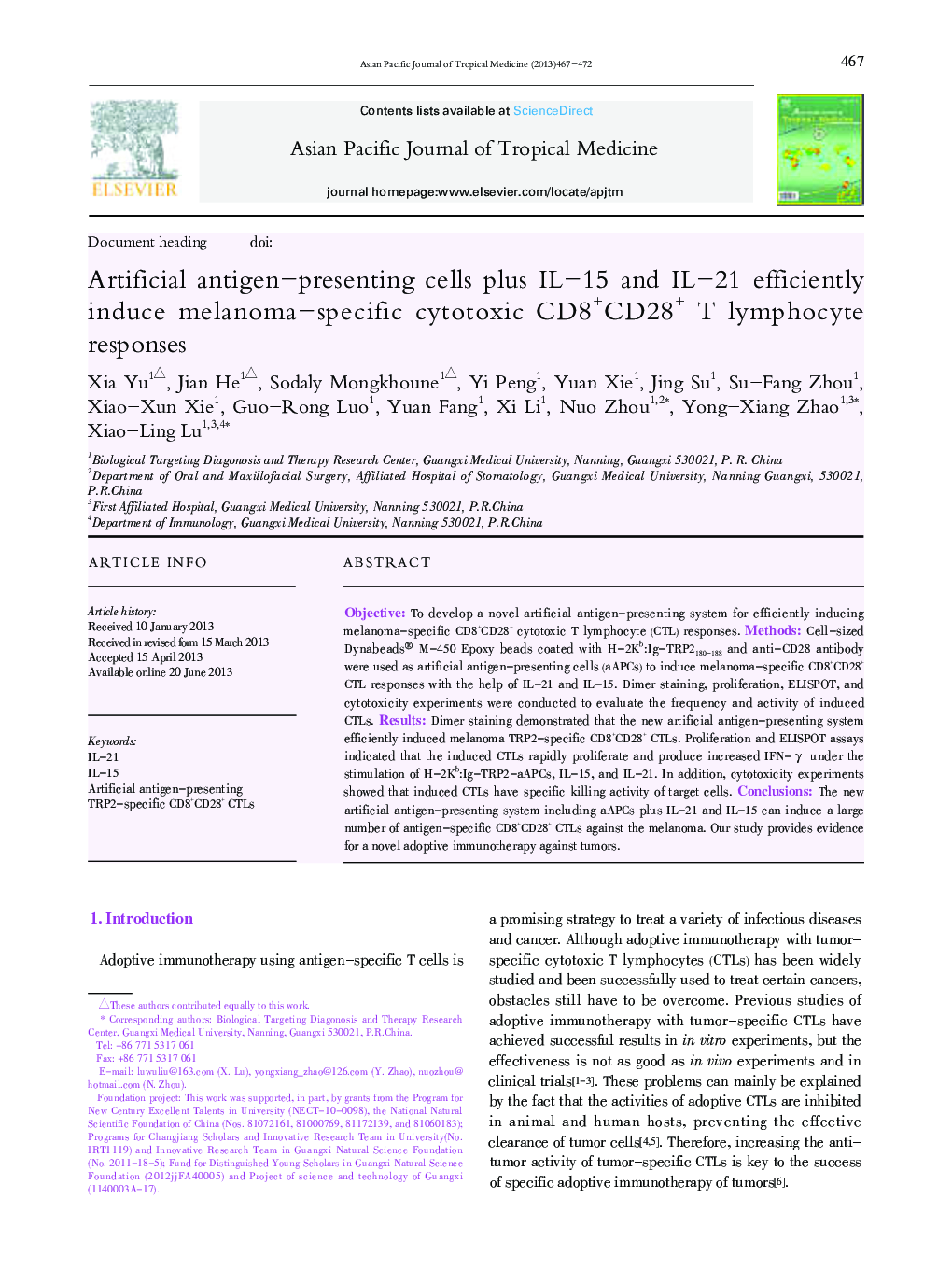 Artificial antigen-presenting cells plus IL-15 and IL-21 efficiently induce melanoma-specific cytotoxic CD8+ CD28+ T lymphocyte responses 