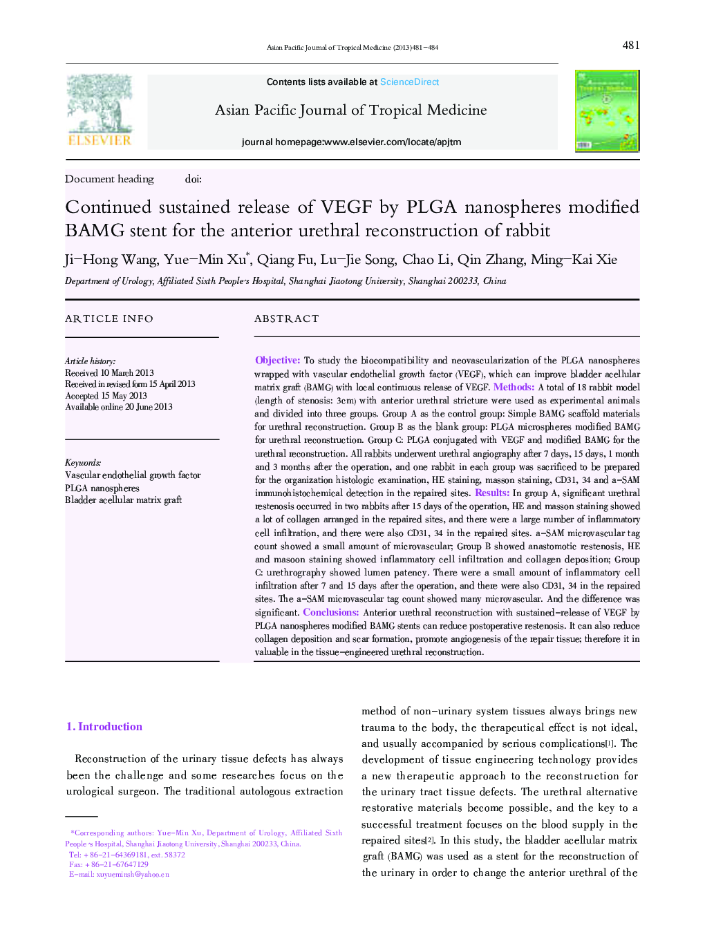 Continued sustained release of VEGF by PLGA nanospheres modified BAMG stent for the anterior urethral reconstruction of rabbit 