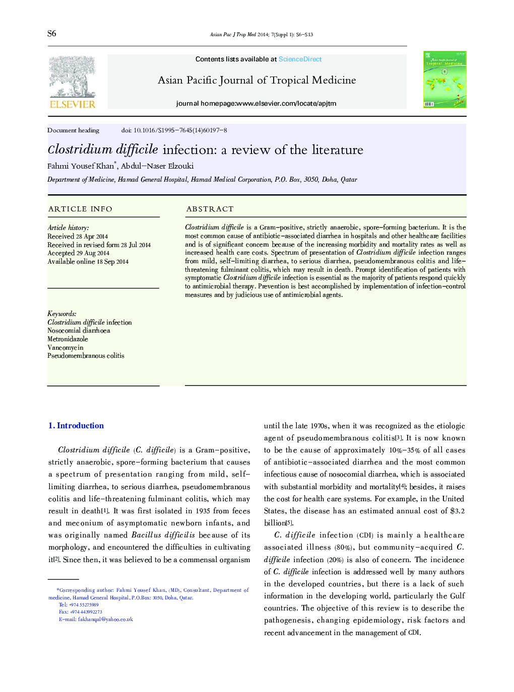 Clostridium difficile infection: a review of the literature 