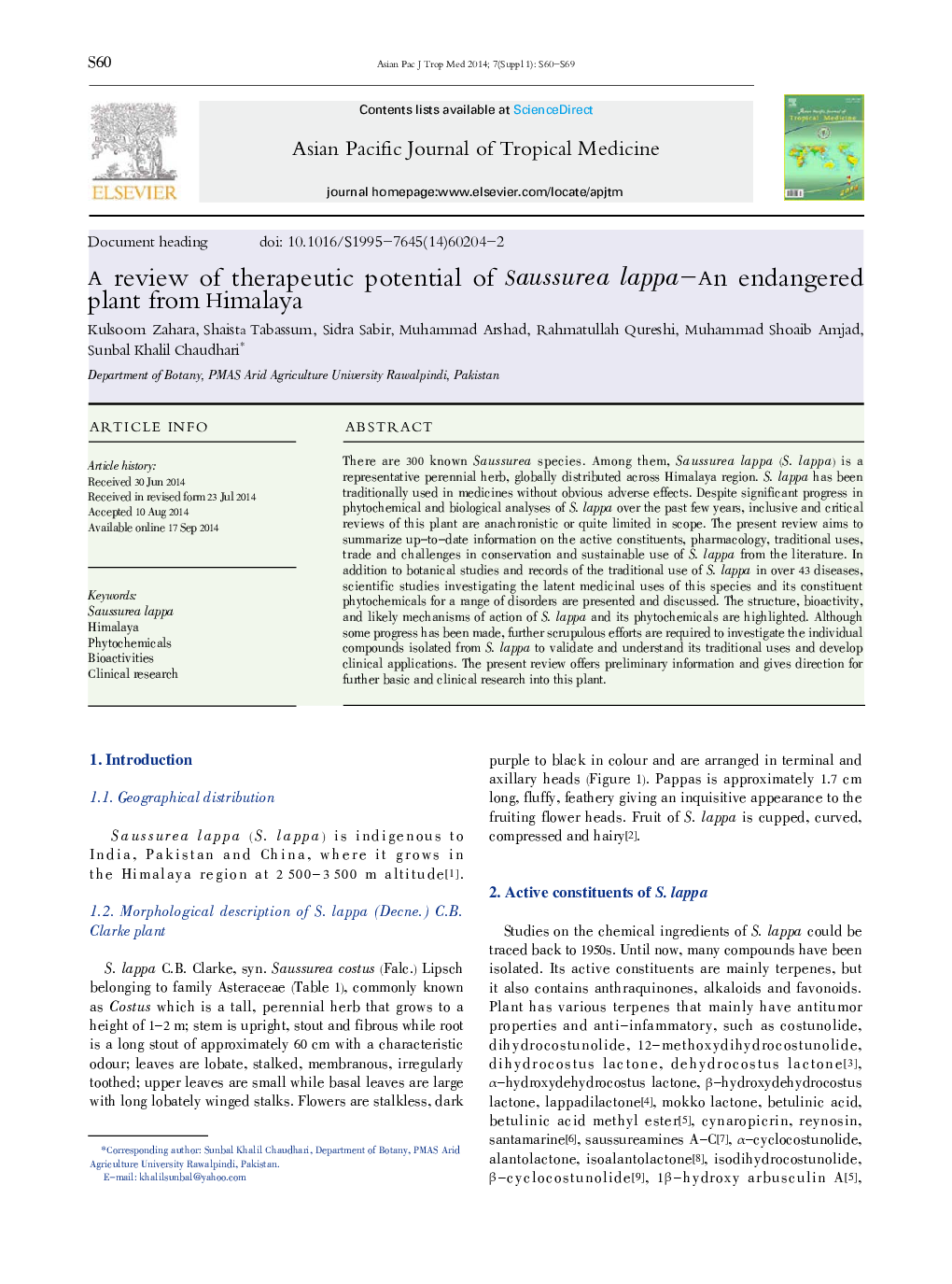 A review of therapeutic potential of Saussurea lappa-An endangered plant from Himalaya 