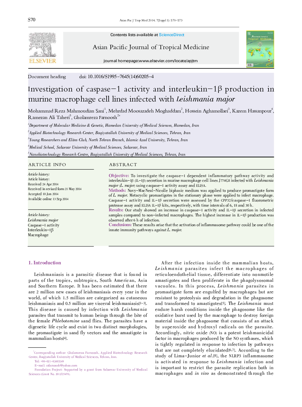 Investigation of caspase-1 activity and interleukin-1β production in murine macrophage cell lines infected with Leishmania major 