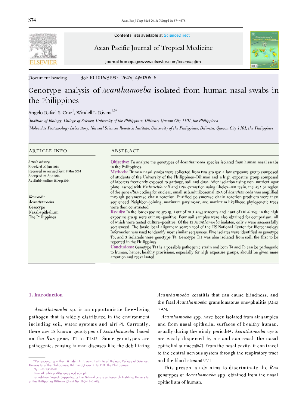 Genotype analysis of Acanthamoeba isolated from human nasal swabs in the Philippines 