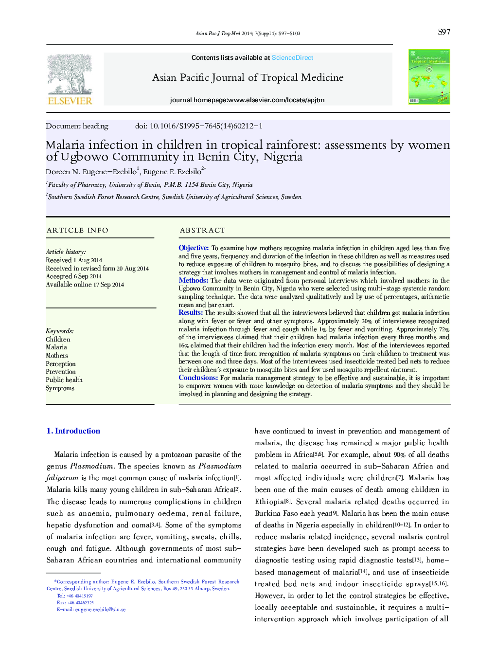 Malaria infection in children in tropical rainforest: assessments by women of Ugbowo Community in Benin City, Nigeria 
