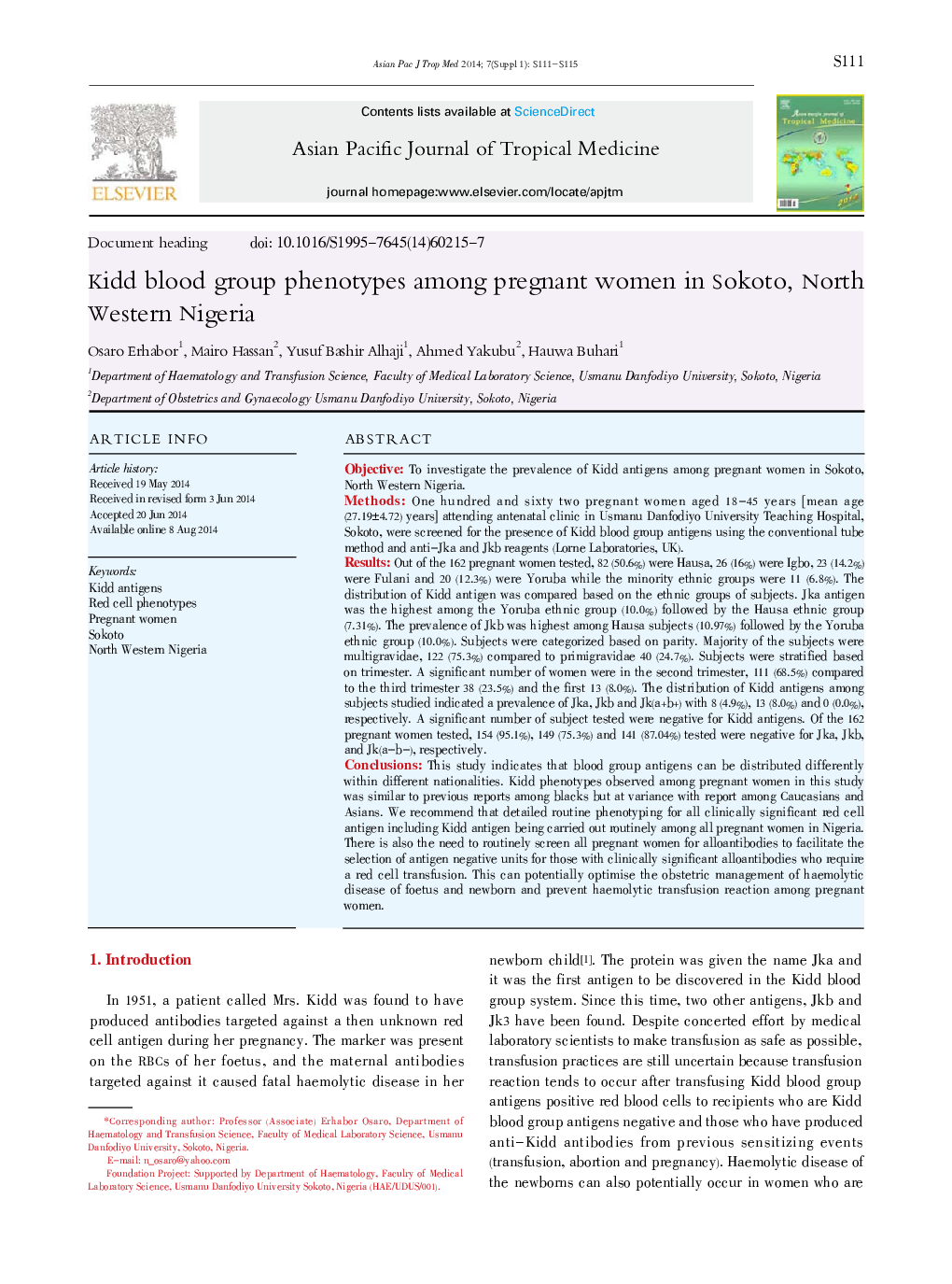 Kidd blood group phenotypes among pregnant women in Sokoto, North Western Nigeria 