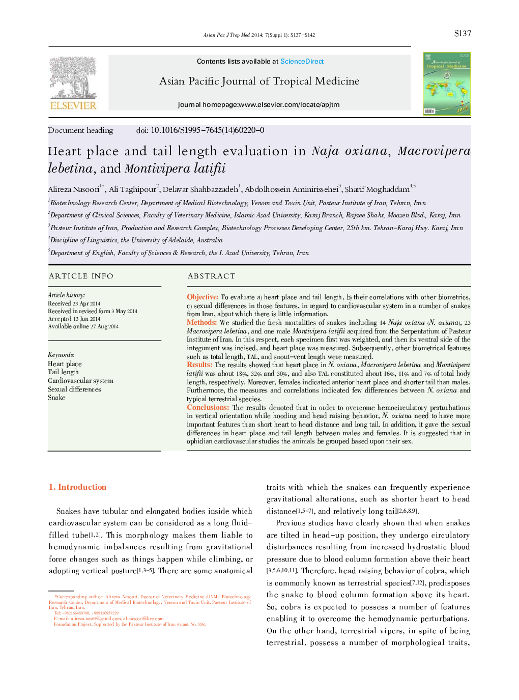 Heart place and tail length evaluation in Naja oxiana, Macrovipera lebetina, and Montivipera latifii 