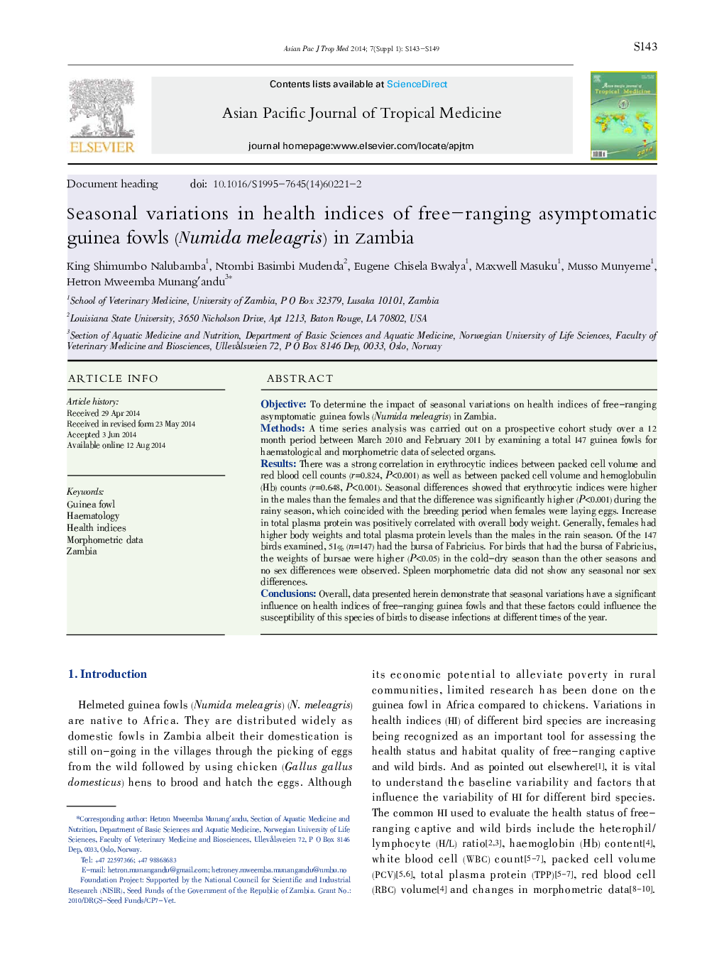 Seasonal variations in health indices of free-ranging asymptomatic guinea fowls (Numida meleagris) in Zambia 