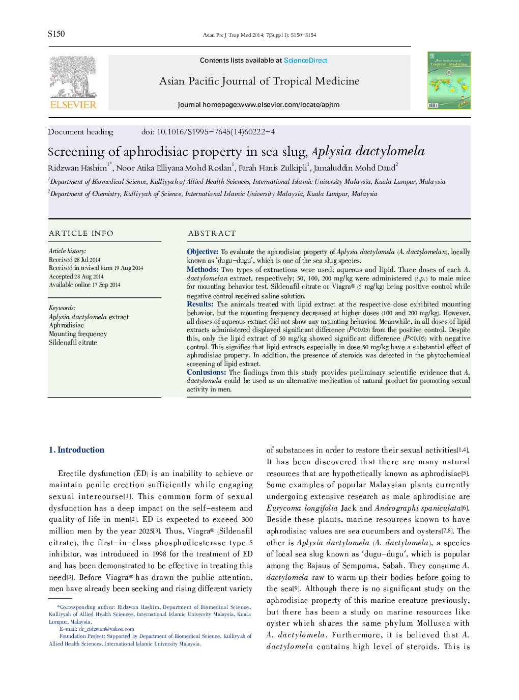 Screening of aphrodisiac property in sea slug, Aplysia dactylomela 