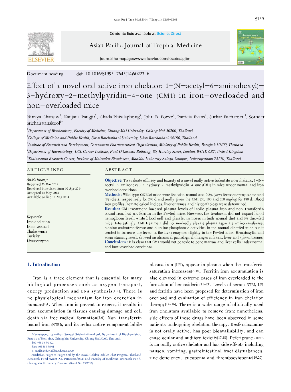 Effect of a novel oral active iron chelator: 1-(N-acetyl-6-aminohexyl)-3-hydroxy-2-methylpyridin-4-one (CM1) in iron-overloaded and non-overloaded mice 