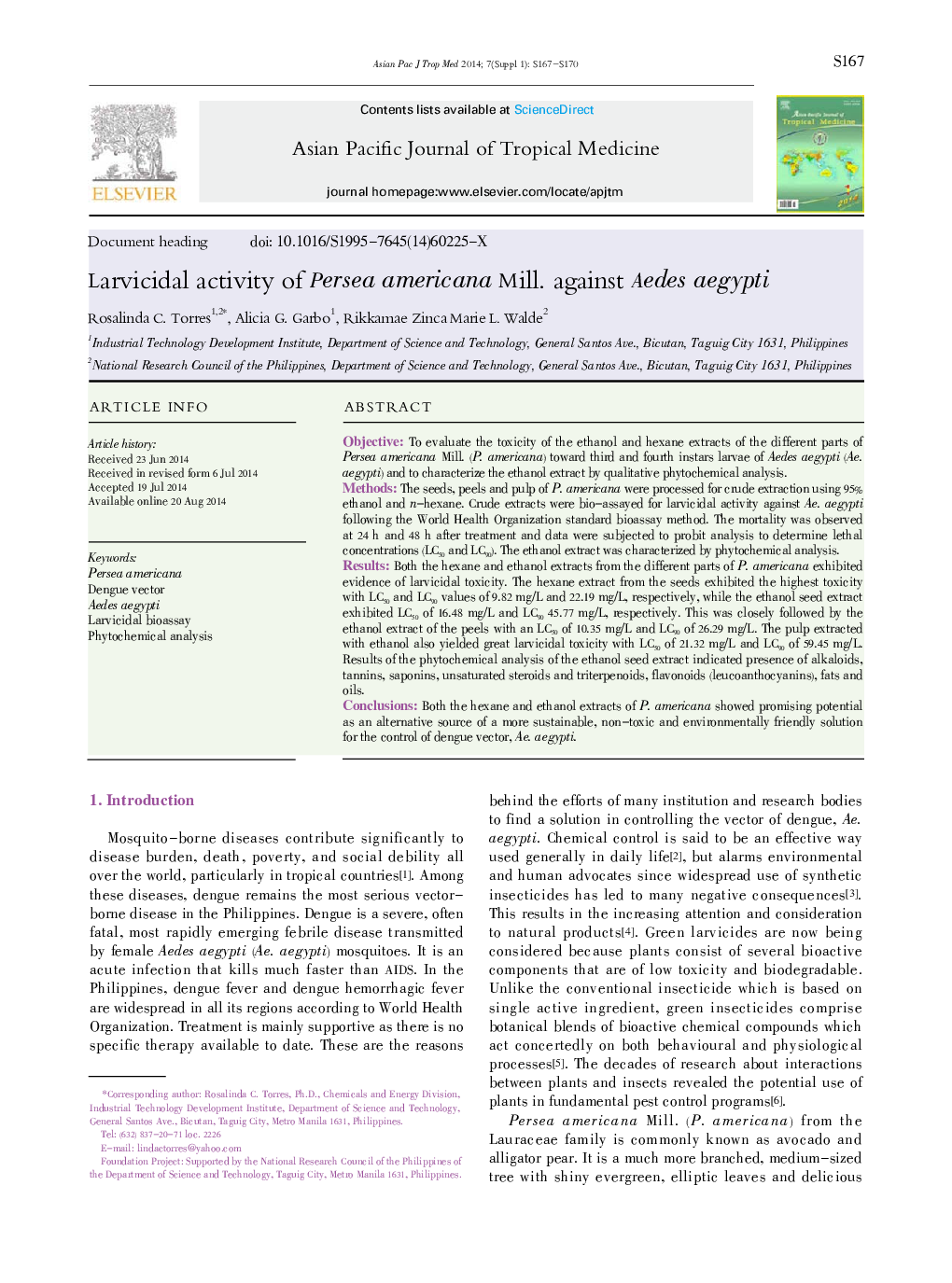 Larvicidal activity of Persea americana Mill. against Aedes aegypti 