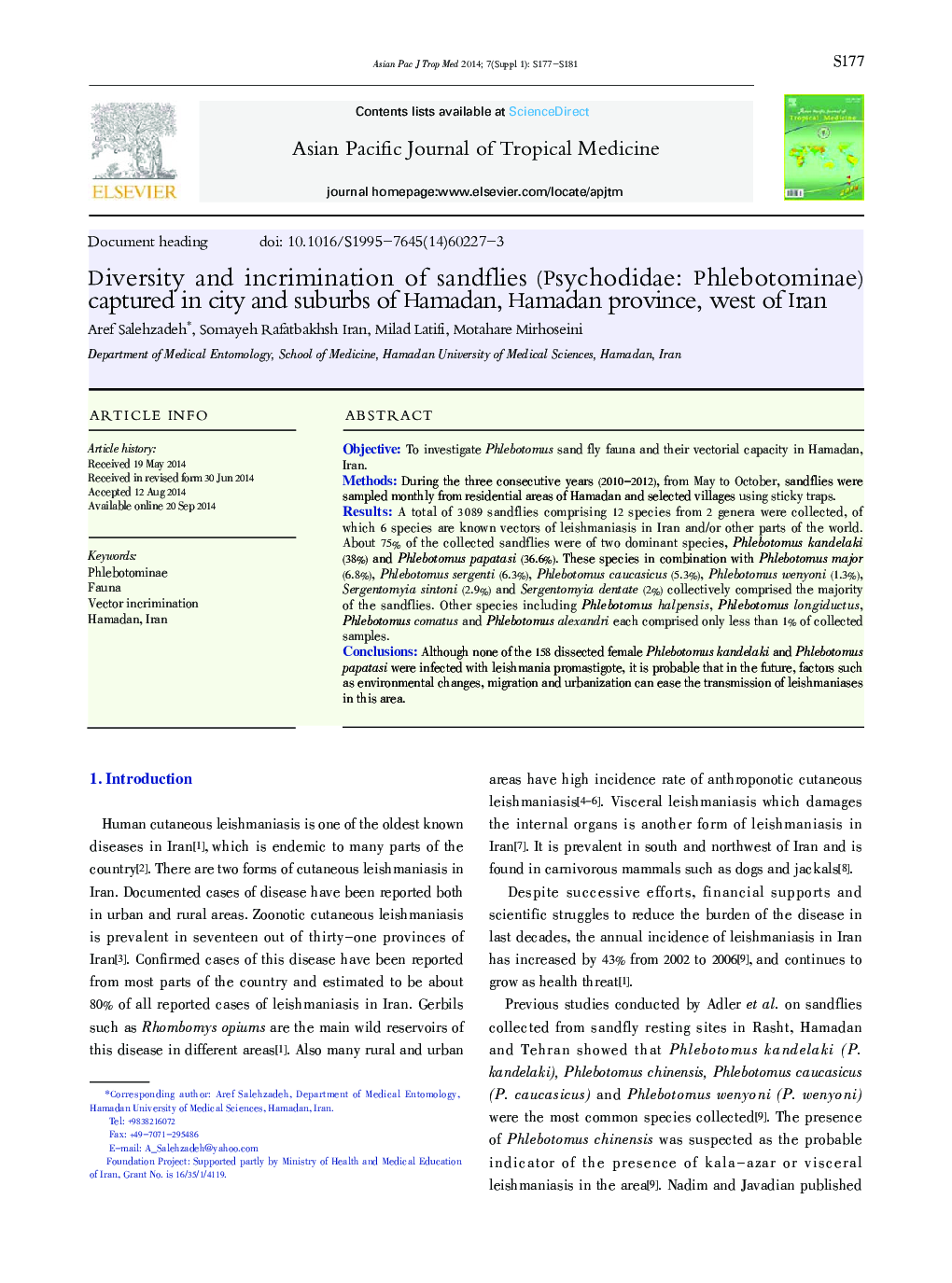 Diversity and incrimination of sandflies (Psychodidae: Phlebotominae) captured in city and suburbs of Hamadan, Hamadan province, west of Iran 