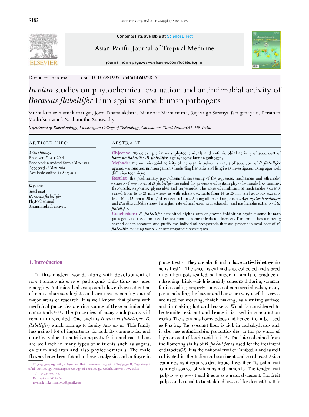 In vitro studies on phytochemical evaluation and antimicrobial activity of Borassus flabellifer Linn against some human pathogens 