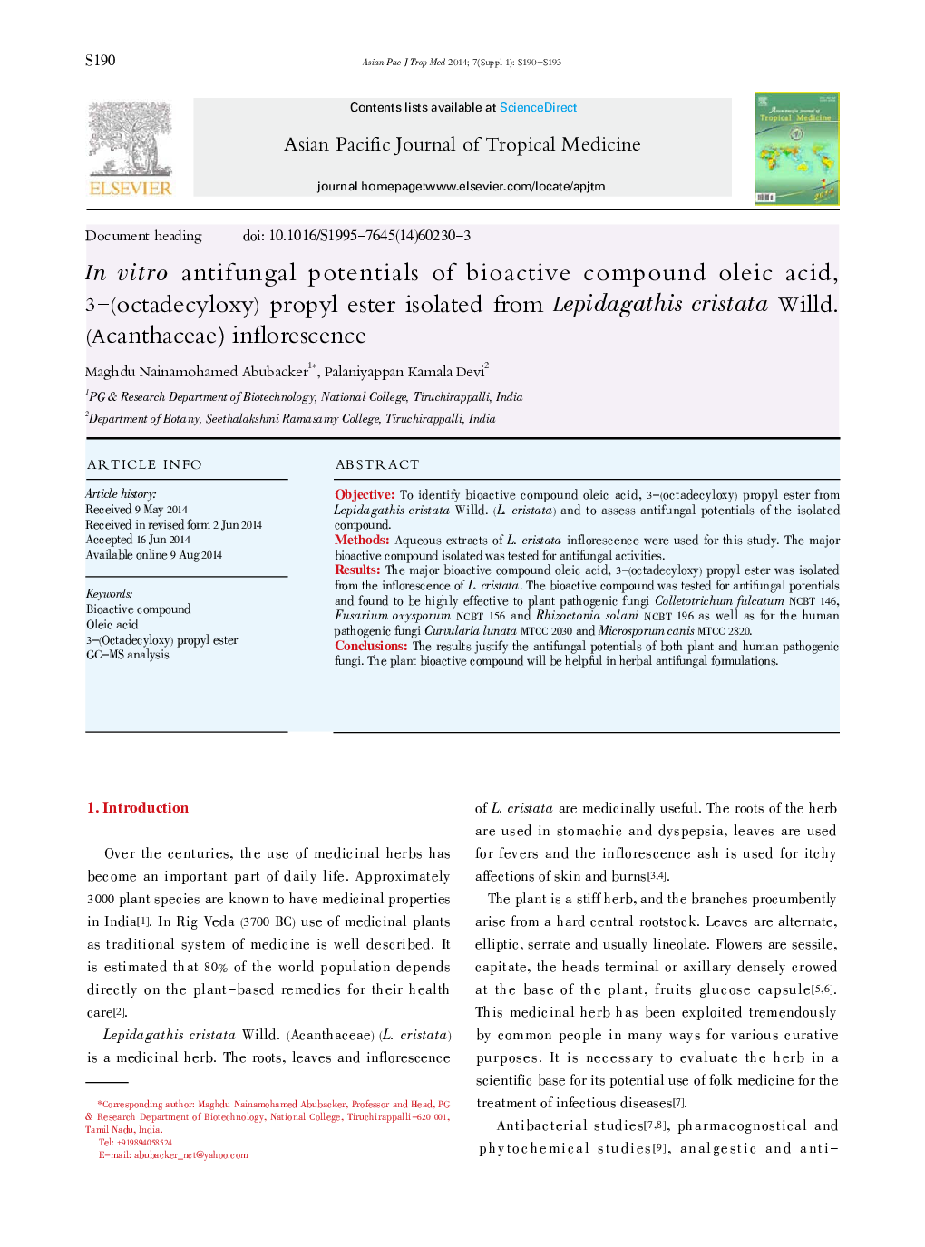 In vitro antifungal potentials of bioactive compound oleic acid, 3-(octadecyloxy) propyl ester isolated from Lepidagathis cristata Willd. (Acanthaceae) inflorescence 