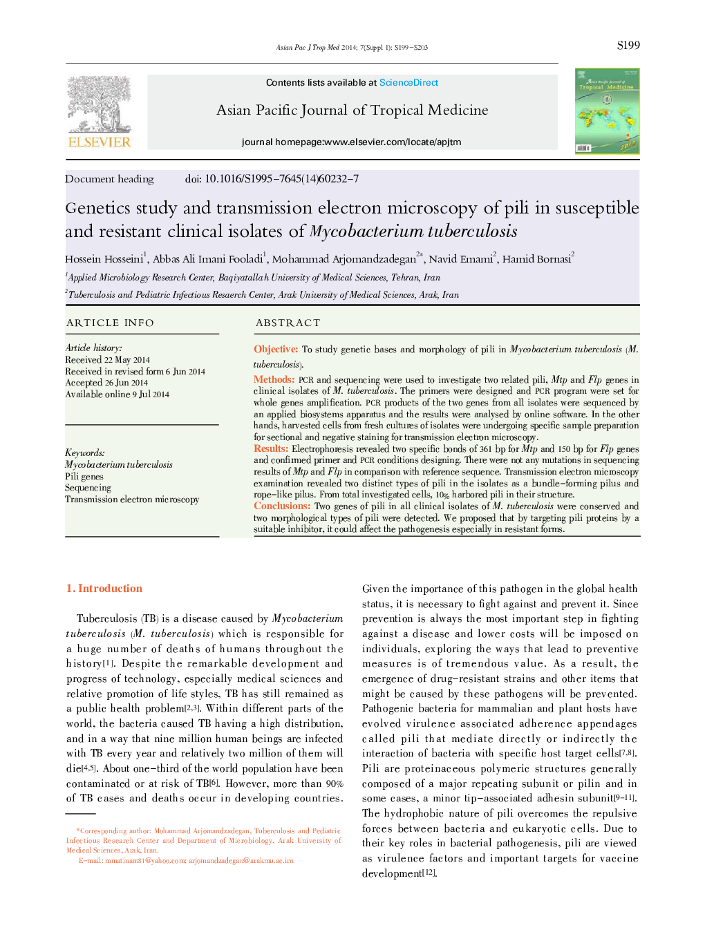 Genetics study and transmission electron microscopy of pili in susceptible and resistant clinical isolates of Mycobacterium tuberculosis 
