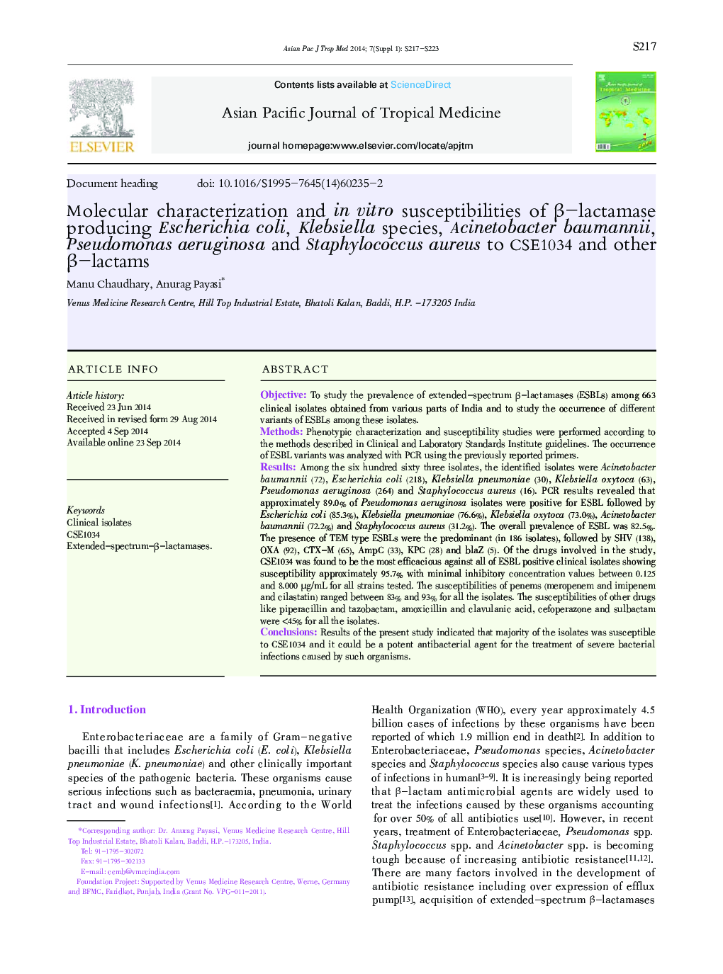 Molecular characterization and in vitro susceptibilities of β-lactamase producing Escherichia coli, Klebsiella species, Acinetobacter baumannii, Pseudomonas aeruginosa and Staphylococcus aureus to CSE1034 and other β-lactams 