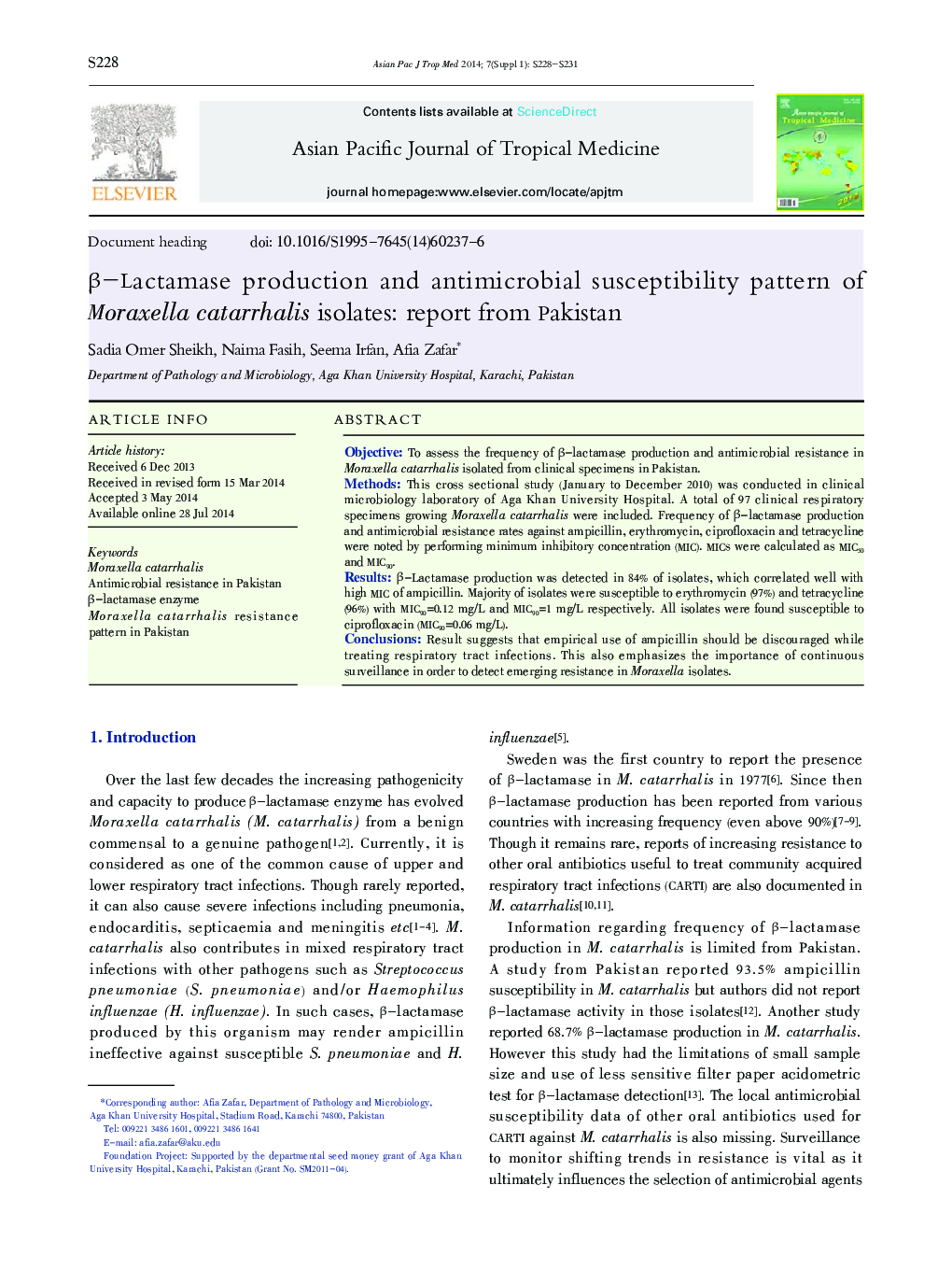 β-Lactamase production and antimicrobial susceptibility pattern of Moraxella catarrhalis isolates: report from Pakistan 