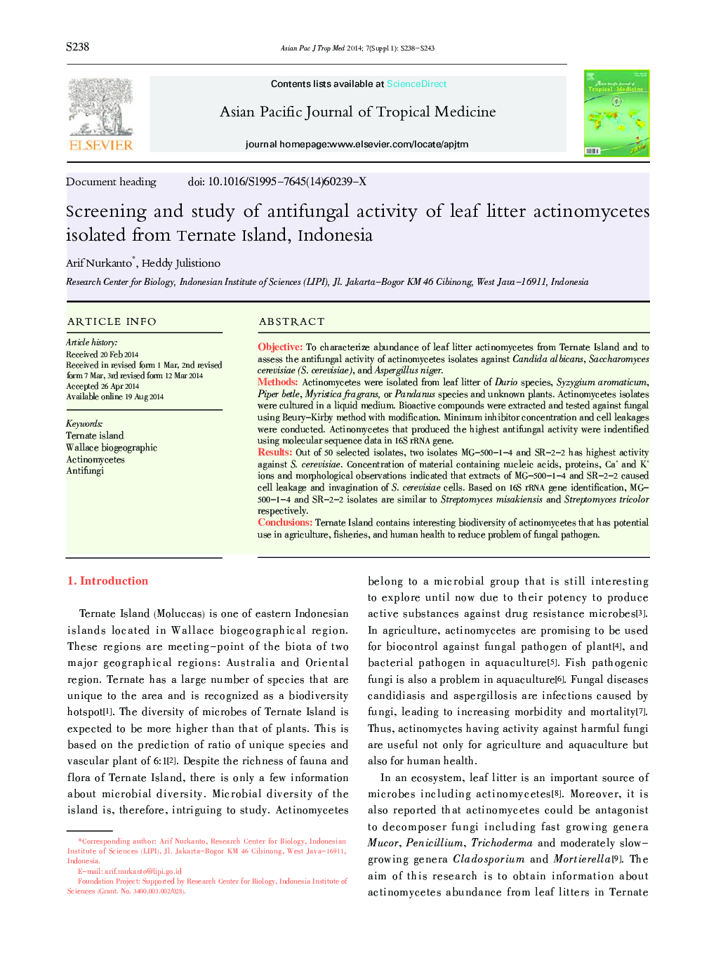 Screening and study of antifungal activity of leaf litter actinomycetes isolated from Ternate Island, Indonesia 