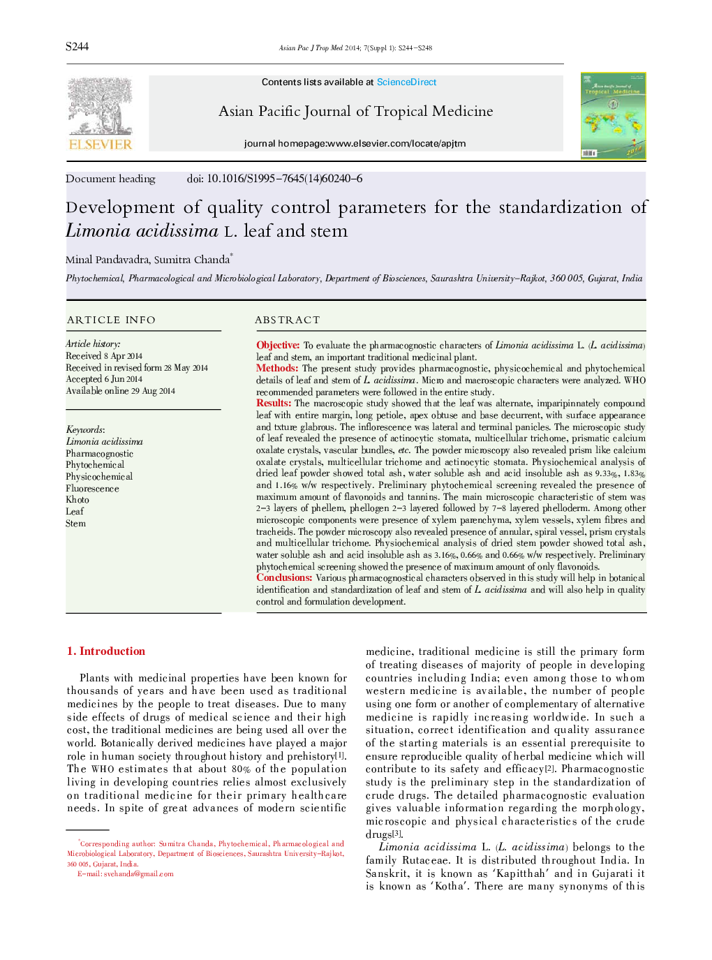 Development of quality control parameters for the standardization of Limonia acidissima L. leaf and stem 