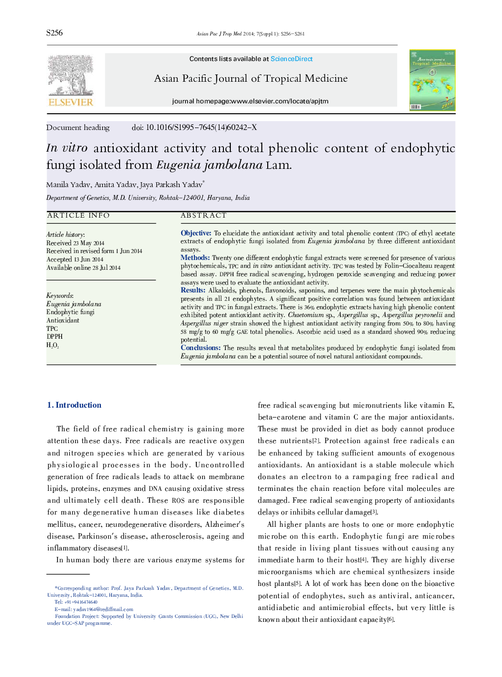 In vitro antioxidant activity and total phenolic content of endophytic fungi isolated from Eugenia jambolana Lam. 