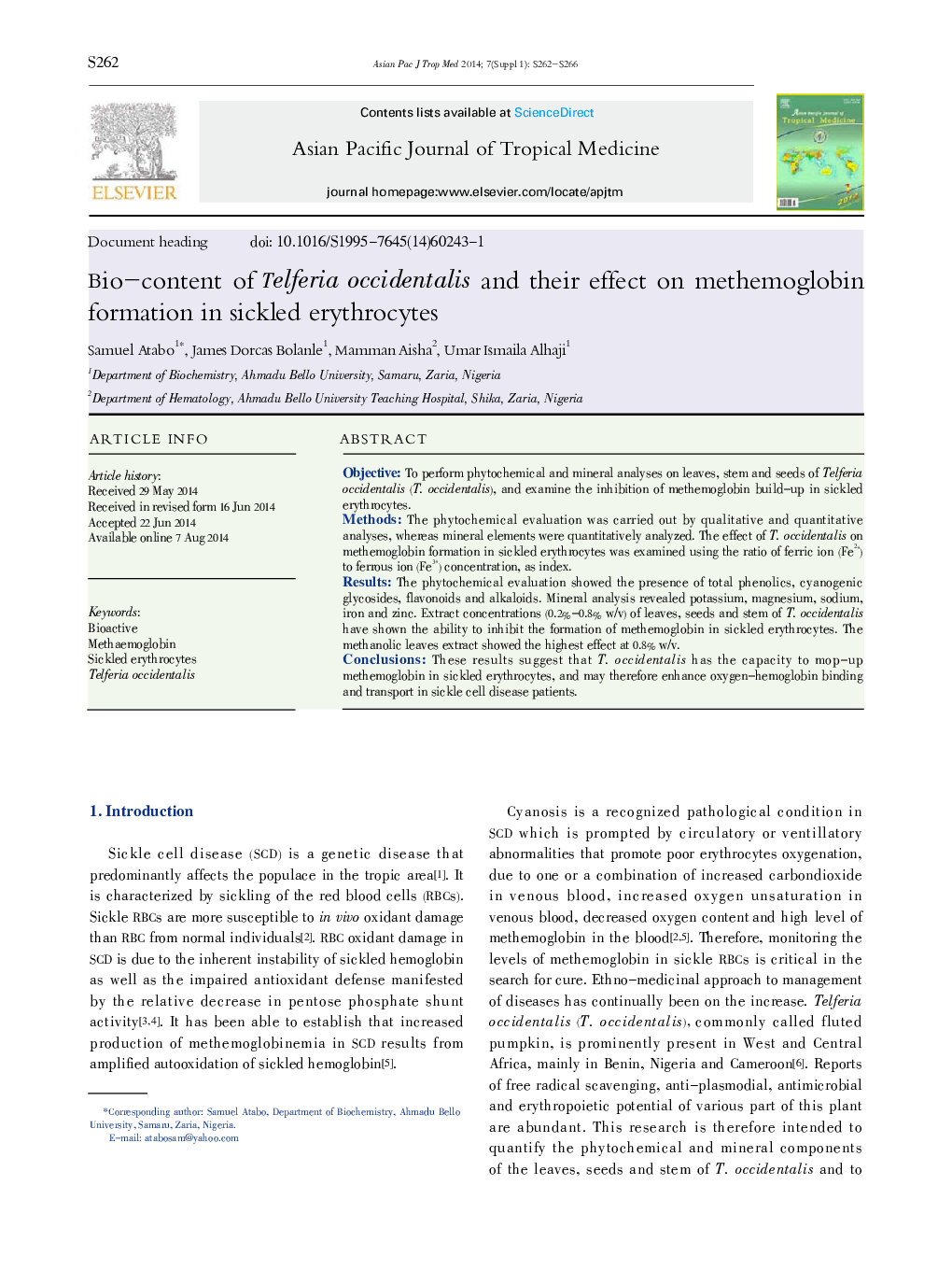 Bio-content of Telferia occidentalis and their effect on methemoglobin formation in sickled erythrocytes 
