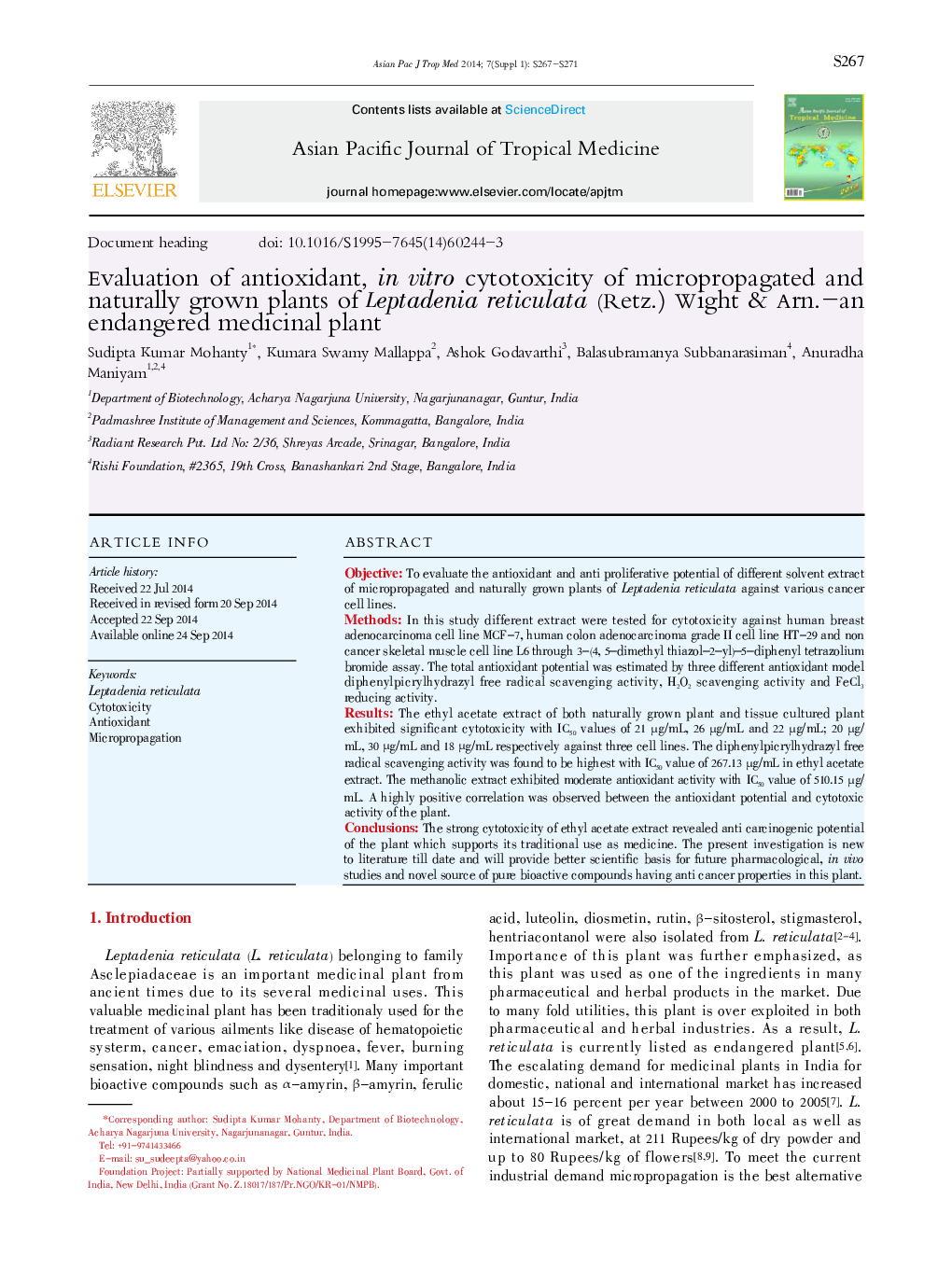 Evaluation of antioxidant, in vitro cytotoxicity of micropropagated and naturally grown plants of Leptadenia reticulata (Retz.) Wight & Arn.-an endangered medicinal plant 