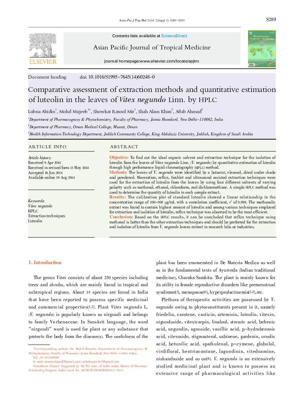 Comparative assessment of extraction methods and quantitative estimation of luteolin in the leaves of Vitex negundo Linn. by HPLC 