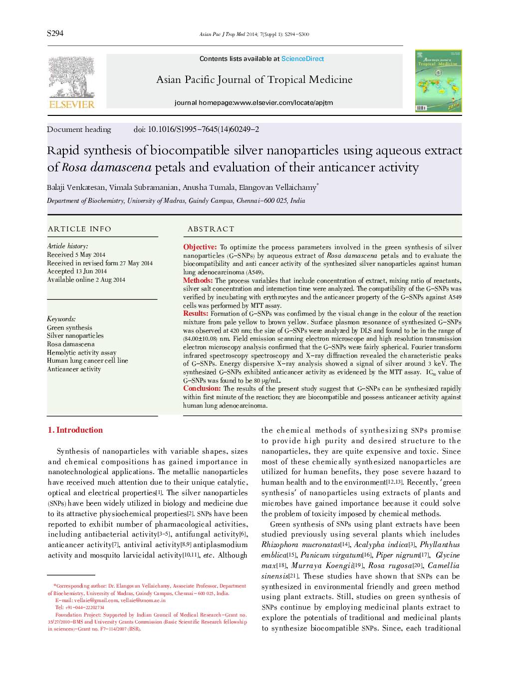 Rapid synthesis of biocompatible silver nanoparticles using aqueous extract of Rosa damascena petals and evaluation of their anticancer activity 