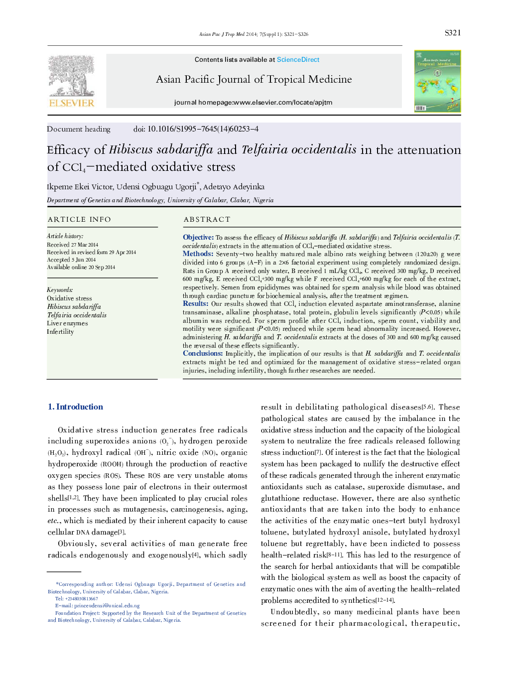 Efficacy of Hibiscus sabdariffa and Telfairia occidentalis in the attenuation of CCl4-mediated oxidative stress 