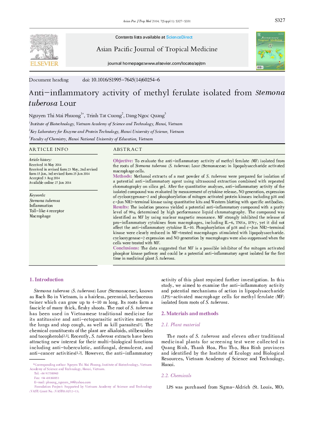 Anti-inflammatory activity of methyl ferulate isolated from Stemona tuberosa Lour 