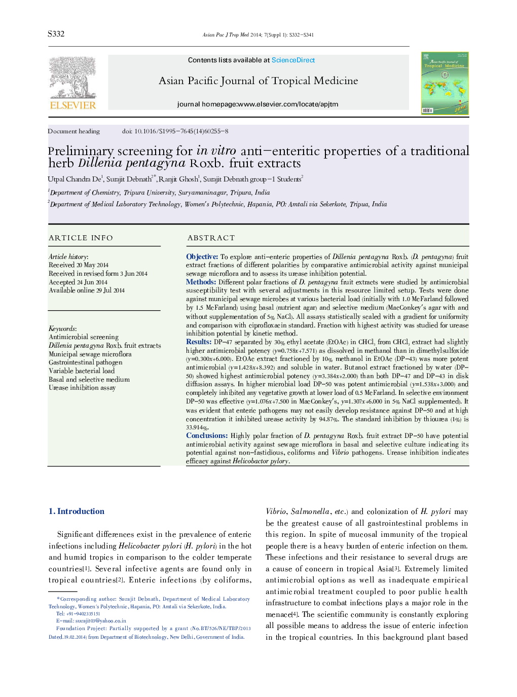 Preliminary screening for in vitro anti-enteritic properties of a traditional herb Dillenia pentagyna Roxb. fruit extracts 