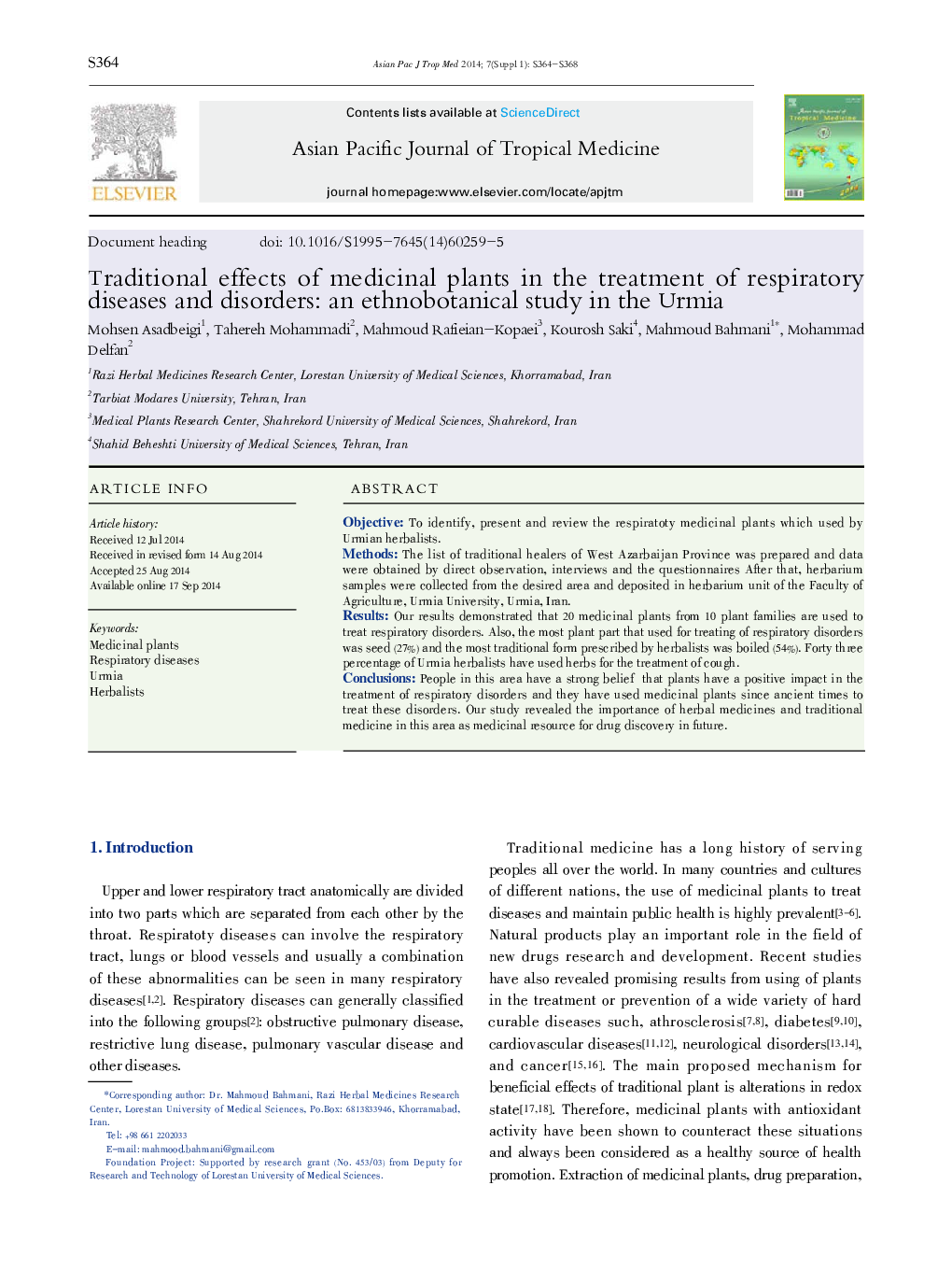 Traditional effects of medicinal plants in the treatment of respiratory diseases and disorders: an ethnobotanical study in the Urmia 