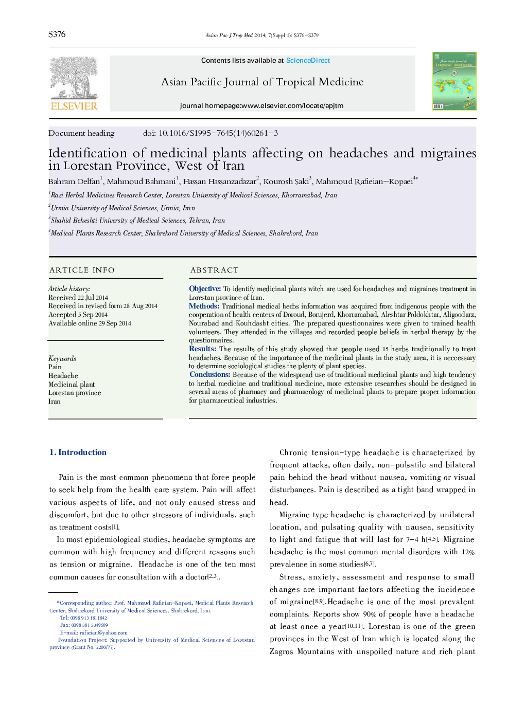 Identification of medicinal plants affecting on headaches and migraines in Lorestan Province, West of Iran 
