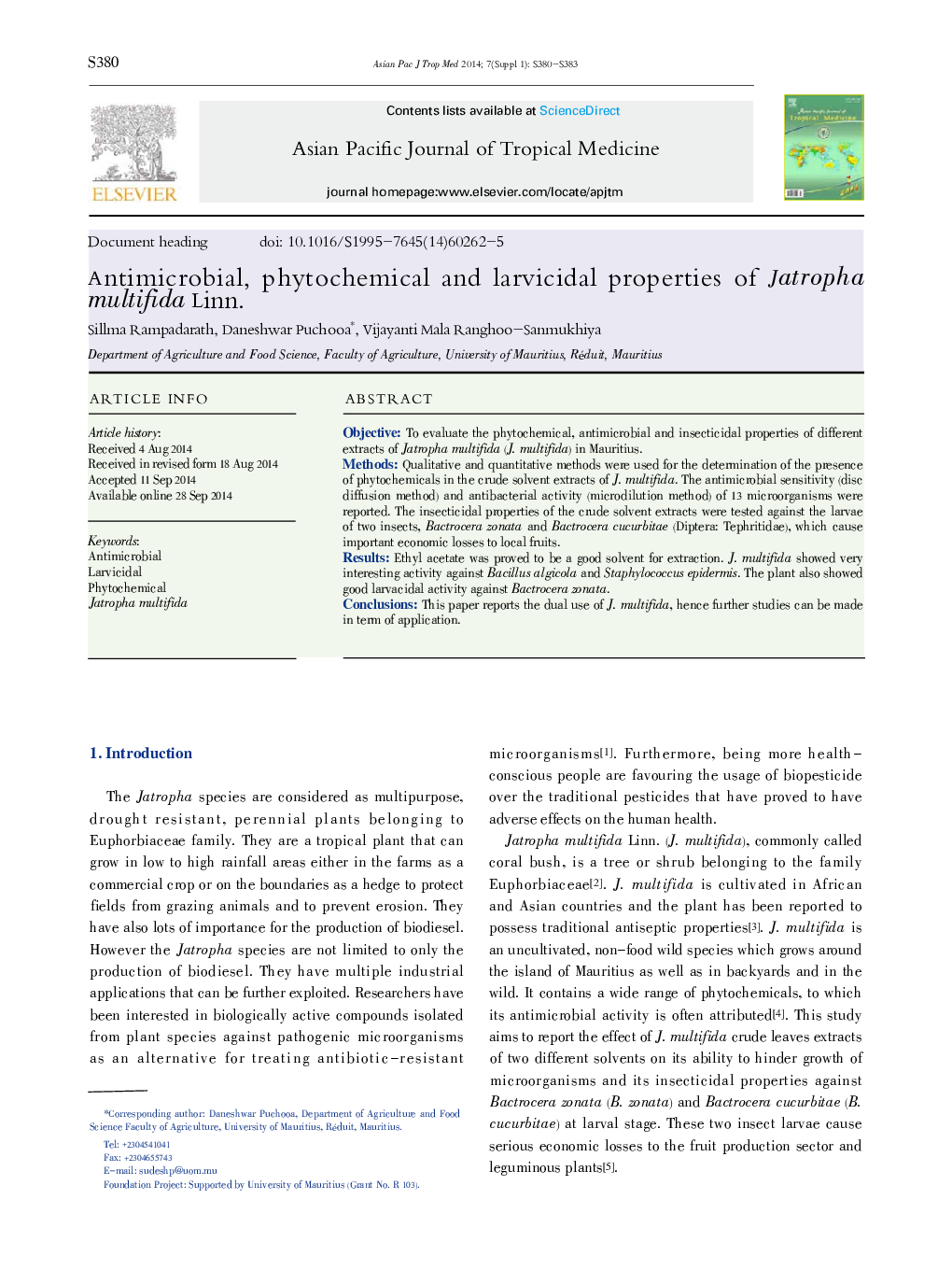 Antimicrobial, phytochemical and larvicidal properties of Jatropha multifida Linn. 